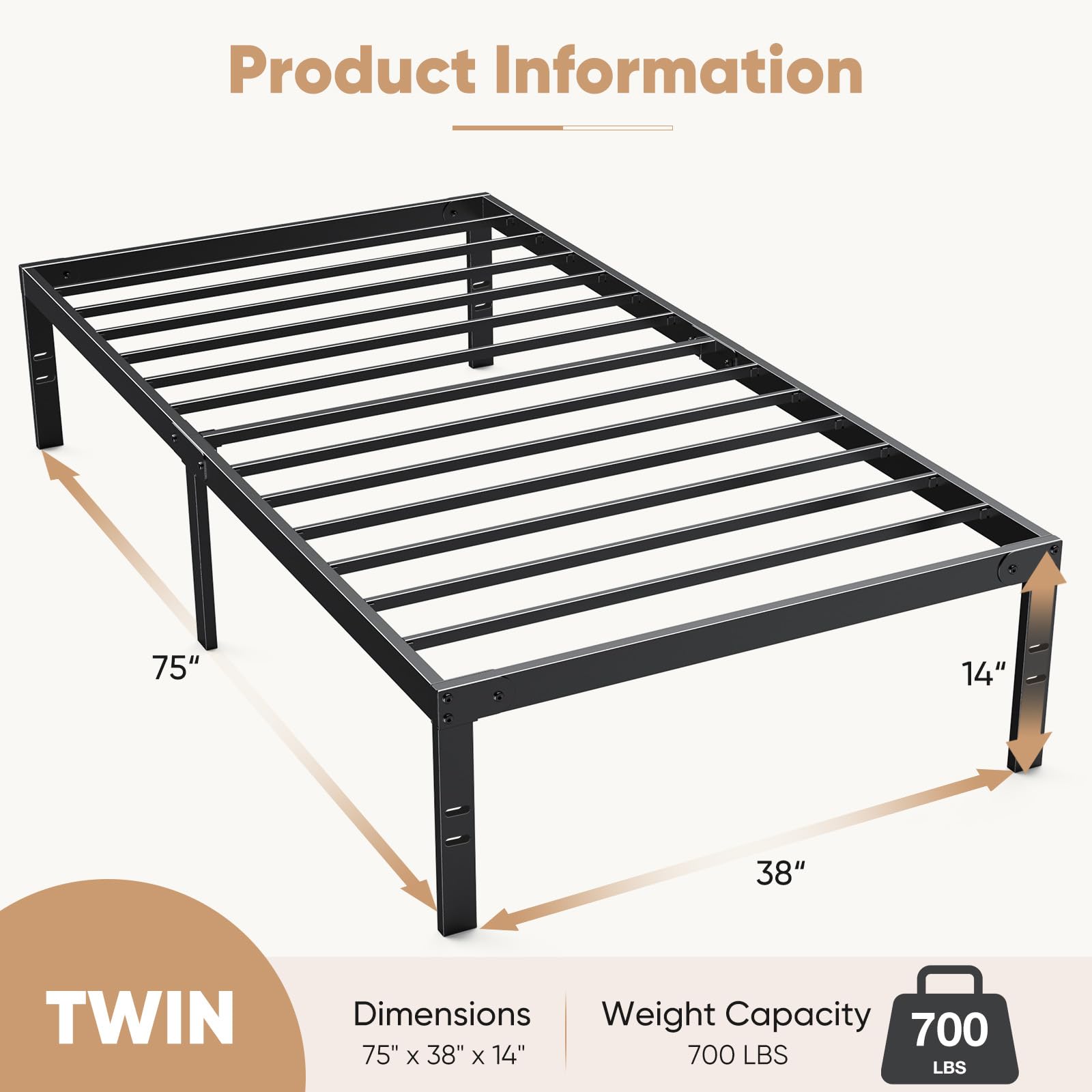 DUMOS Twin Size Metal Platform Bed Frame with Steel Slat Support - No Box Spring Needed, Under Bed Storage Space, Easy Assembly, Black - Perfect for Kids Rooms, Guest Beds & Small Apartments