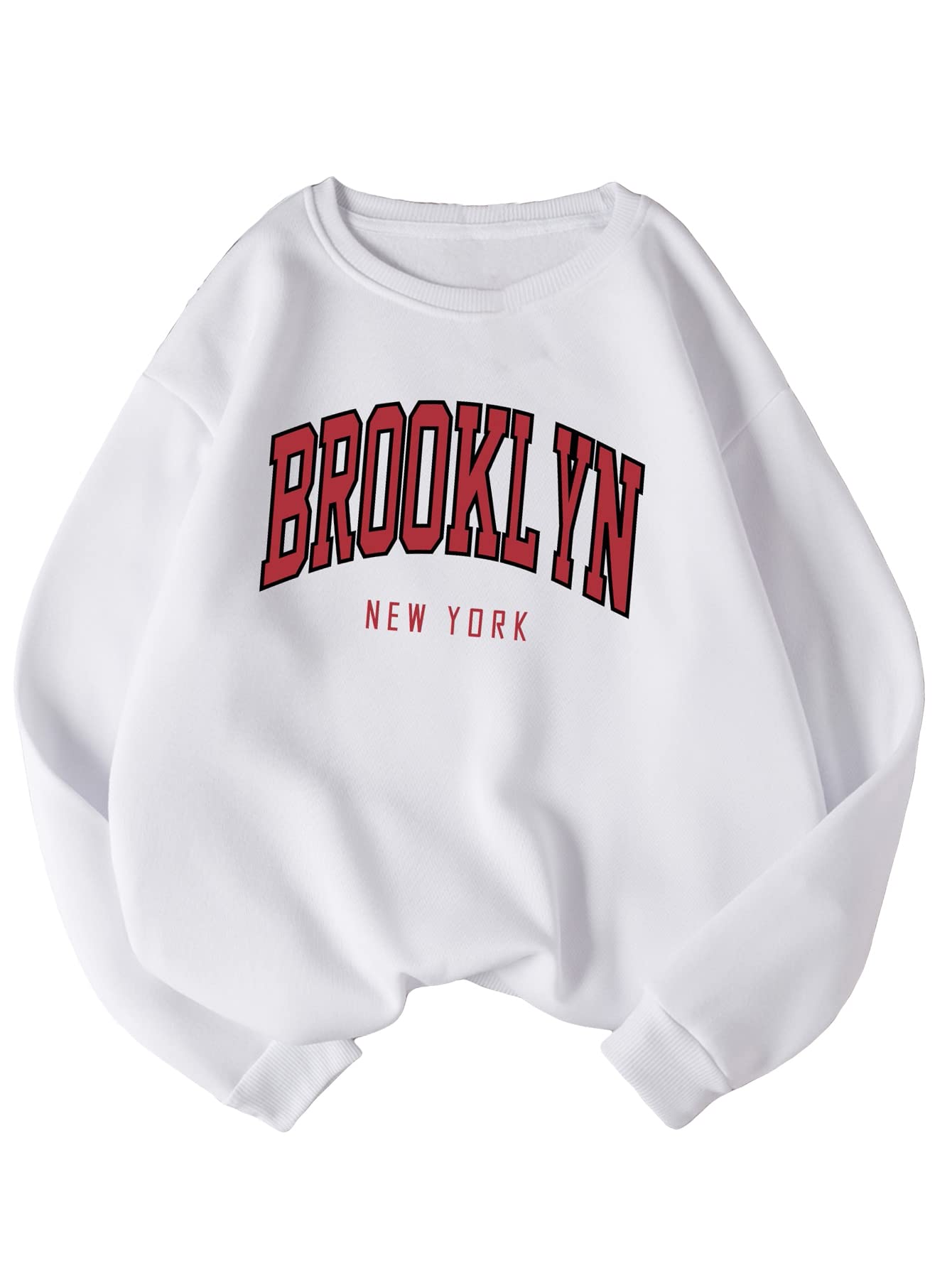 COZYEASE Women's Letter Graphic Print Crewneck Sweatshirt - Casual Long Sleeve Drop Shoulder Pullover Top in White with Red Letters (XS) | Perfect for Everyday Wear, Lounge Outfits & Street Style Fashion