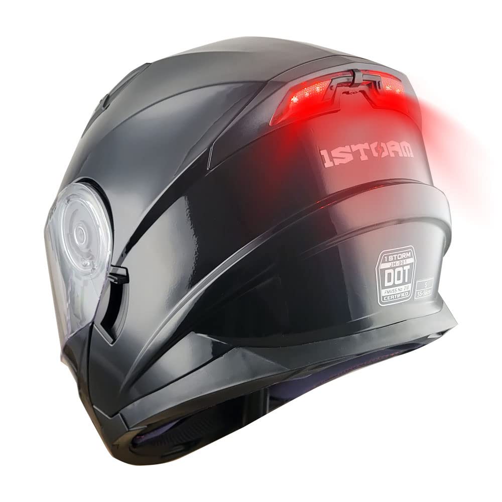 1Storm Modular Full Face Motorcycle Helmet - Glossy Black with Dual Visor Sun Shield & Rechargeable LED Tail Light - DOT Approved for Safe Riding - Perfect for Street Bikes, Cruisers, and Commuting