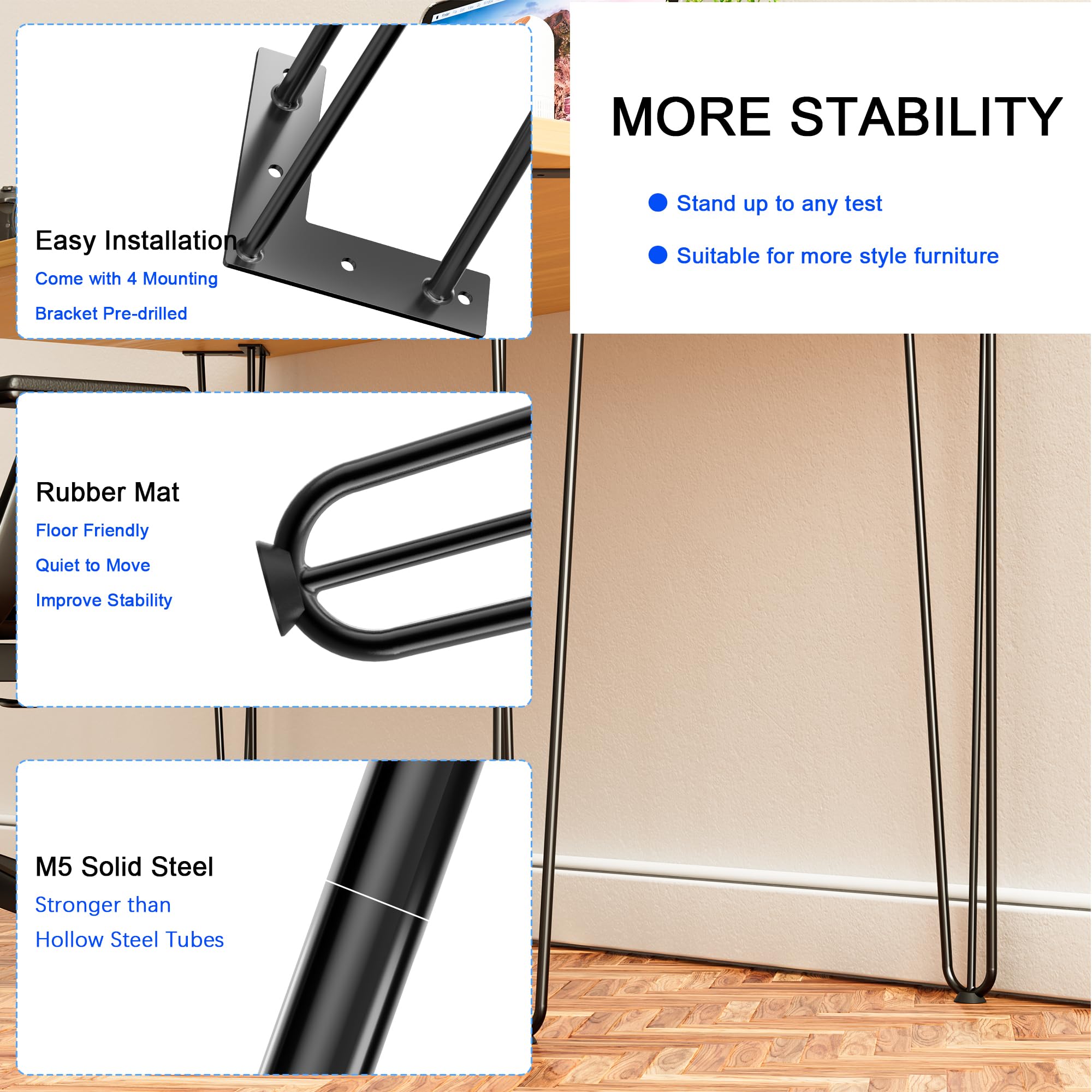 18 Inch Black Hairpin Table Legs Set of 4 - Heavy Duty Metal Furniture Legs for DIY TV Stand, Cabinet, Coffee Table, Desk - Includes Rubber Floor Protectors for Home & Office Decor