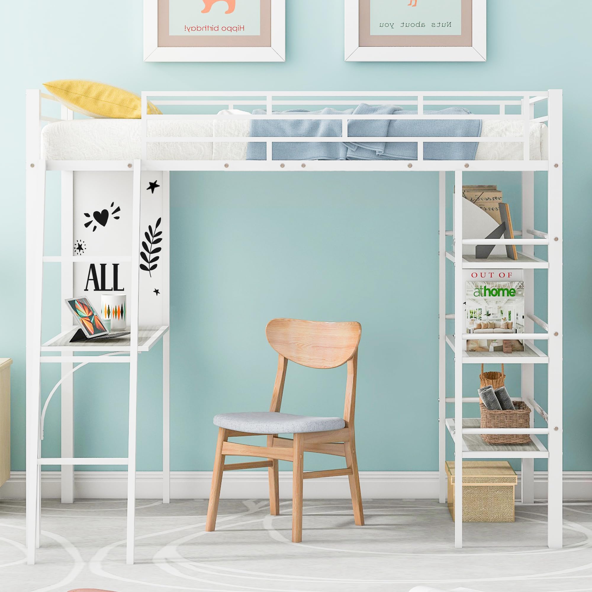 BOVZA Twin Size Loft Bed with Study Desk, Whiteboard & 3 Storage Shelves - Sturdy Metal Frame with Ladder & Safety Rails for Kids & Teens - Space-Saving Bedroom Solution for Small Rooms, Dorms & Apartments - White