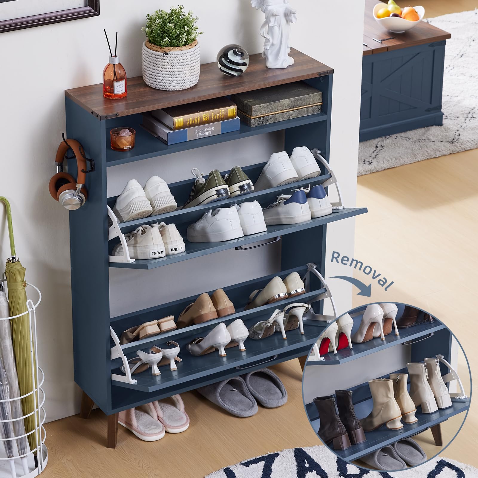 Farmhouse Shoe Storage Cabinet with 2 Flip Drawers - Narrow Hidden Shoe Organizer with Wood Legs & Open Storage - Free Standing Entryway Shoe Rack for Foyer, Hallway - Navy Blue - Perfect for Small Spaces & Clutter-Free Home Organization