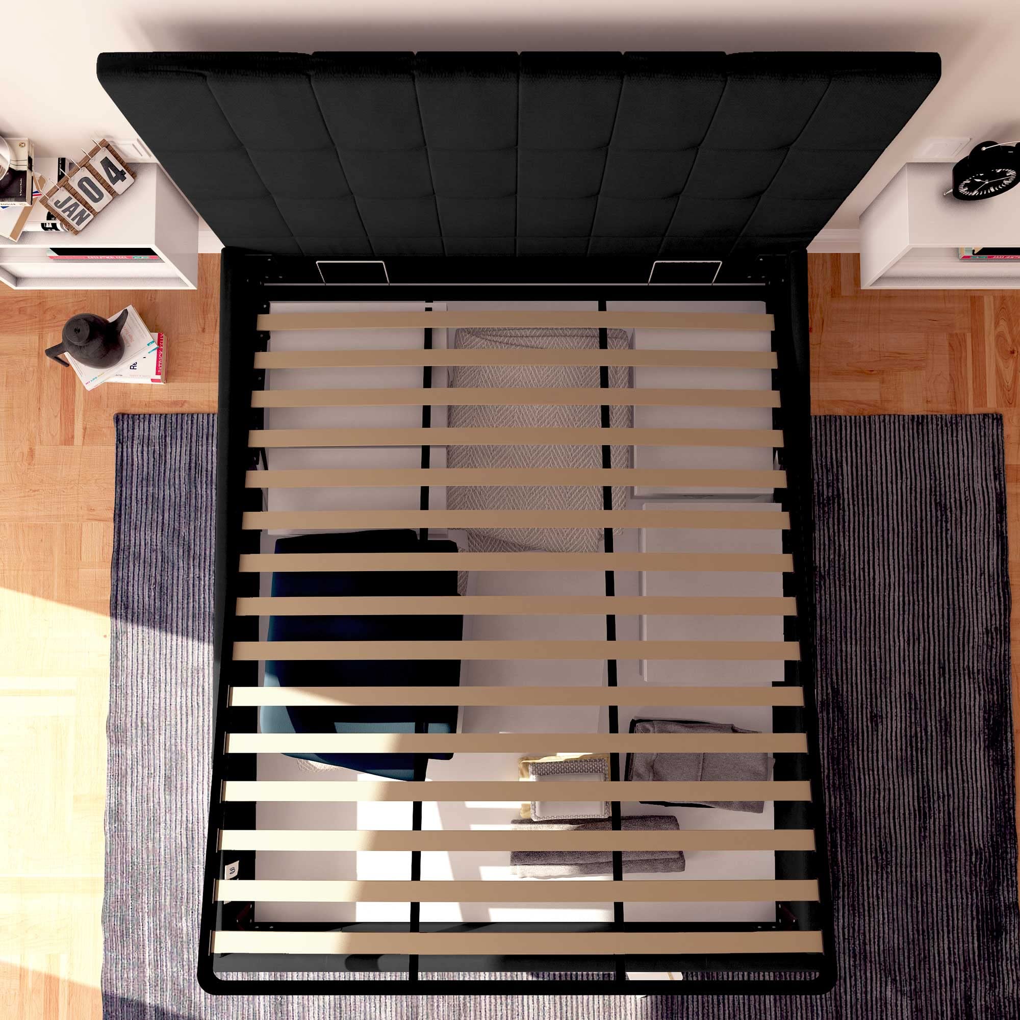 Baldiflex Dublin Fabric Double Bed Frame with Slatted Base and Storage, 140 x 190 cm, Elegant Black Headboard - Perfect for Small Bedrooms, Guest Rooms & Modern Apartments