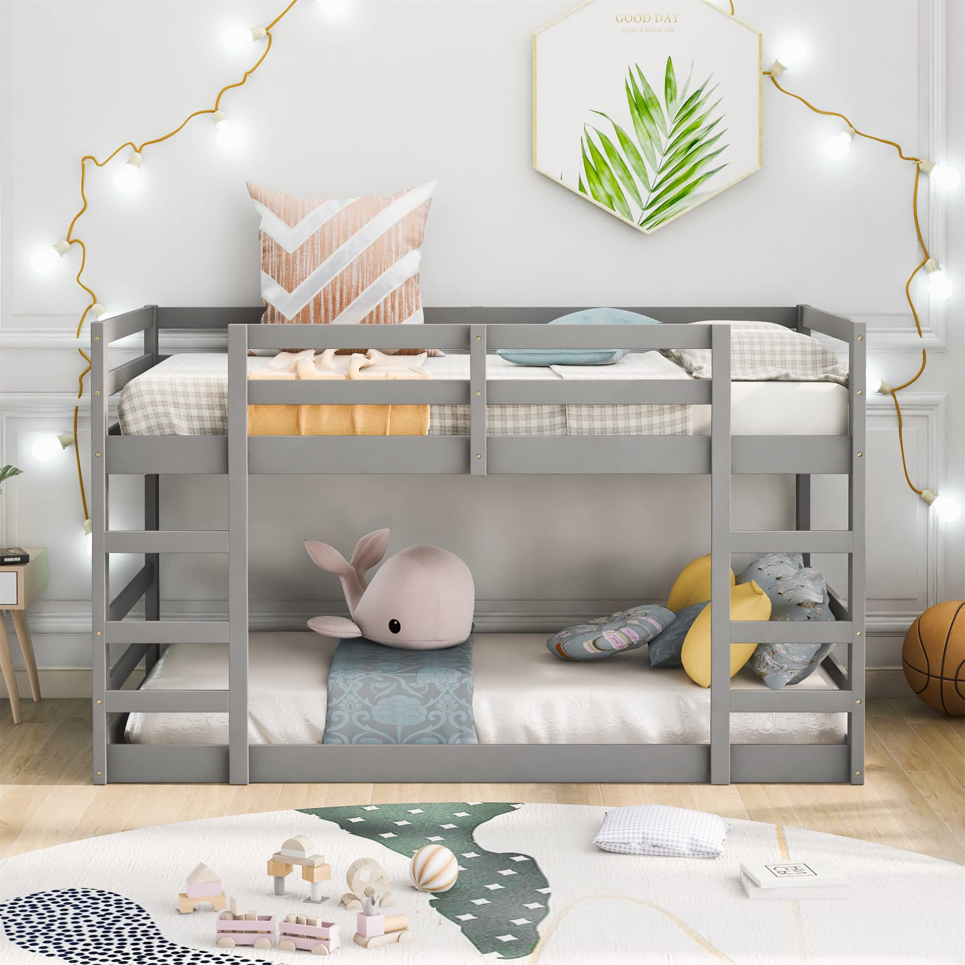 Twin Over Twin Bunk Bed for Kids - Sturdy Solid Wood Frame with Ladder & Safety Rails - Space-Saving Low Bunk Bed (Grey) - Perfect for Shared Kids' Bedrooms, Small Spaces & Sleepovers - No Box Spring Needed