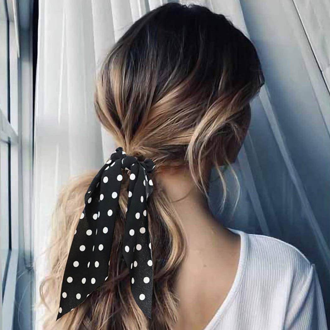 APSAMBR® Black Dot Hair Scrunchies - Soft Chiffon Elastic Hair Ties & Ponytail Holders for Women & Girls (6-Pack) - Perfect for School, Work, Gym & Everyday Styling