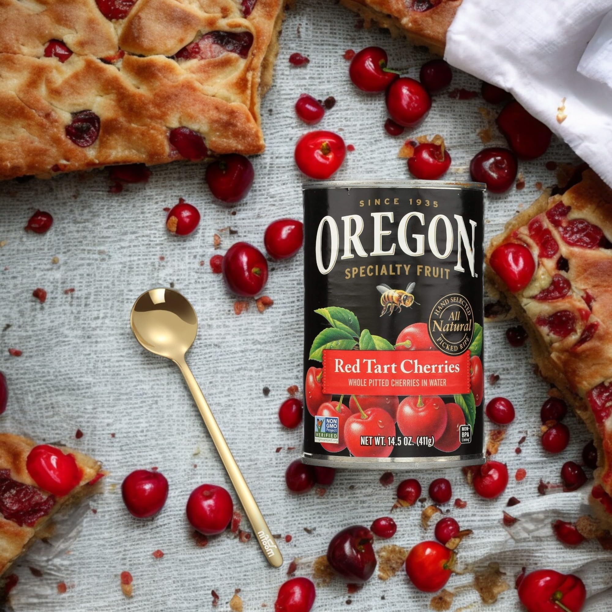 Oregon Chai Red Tart Cherries 14.5 Oz (Pack of 6) - Whole Pitted Cherries in Water with Free Golden Stainless Steel Spoon - Perfect for Baking Pies, Chocolate Desserts, Cocktails & Culinary Sauces - Great for Holiday Cooking & Healthy Smoothies