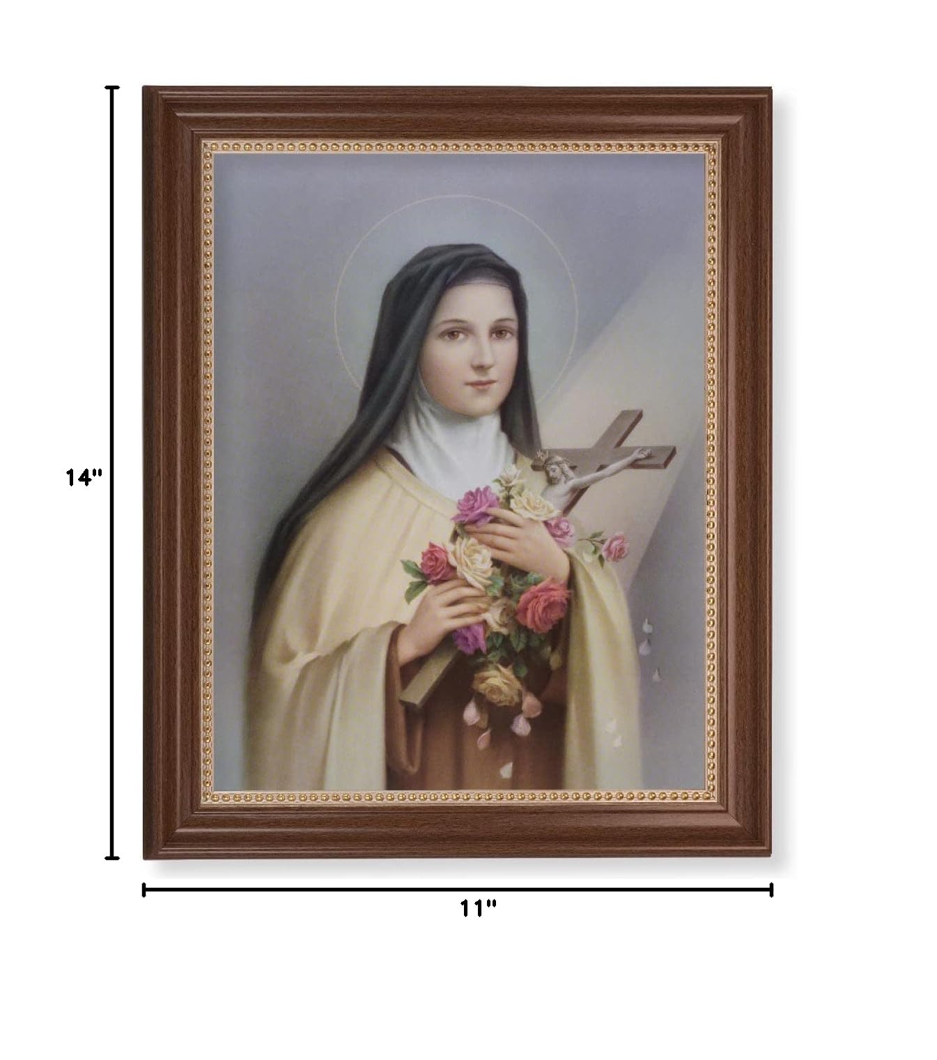 St. Therese Framed Wall Art - Extra Large Classic Dark Walnut Finish with Gold Beaded Edge - Perfect for Home, Office & Church Decor