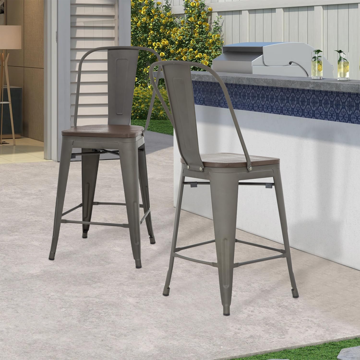 FDW Industrial Metal Bar Stool Set of 4 - 24 Inch Counter Height Barstools with Back Support, Stackable Kitchen Stools for Indoor & Outdoor Use - Perfect for Patio, Dining Room, and Home Bar Decor