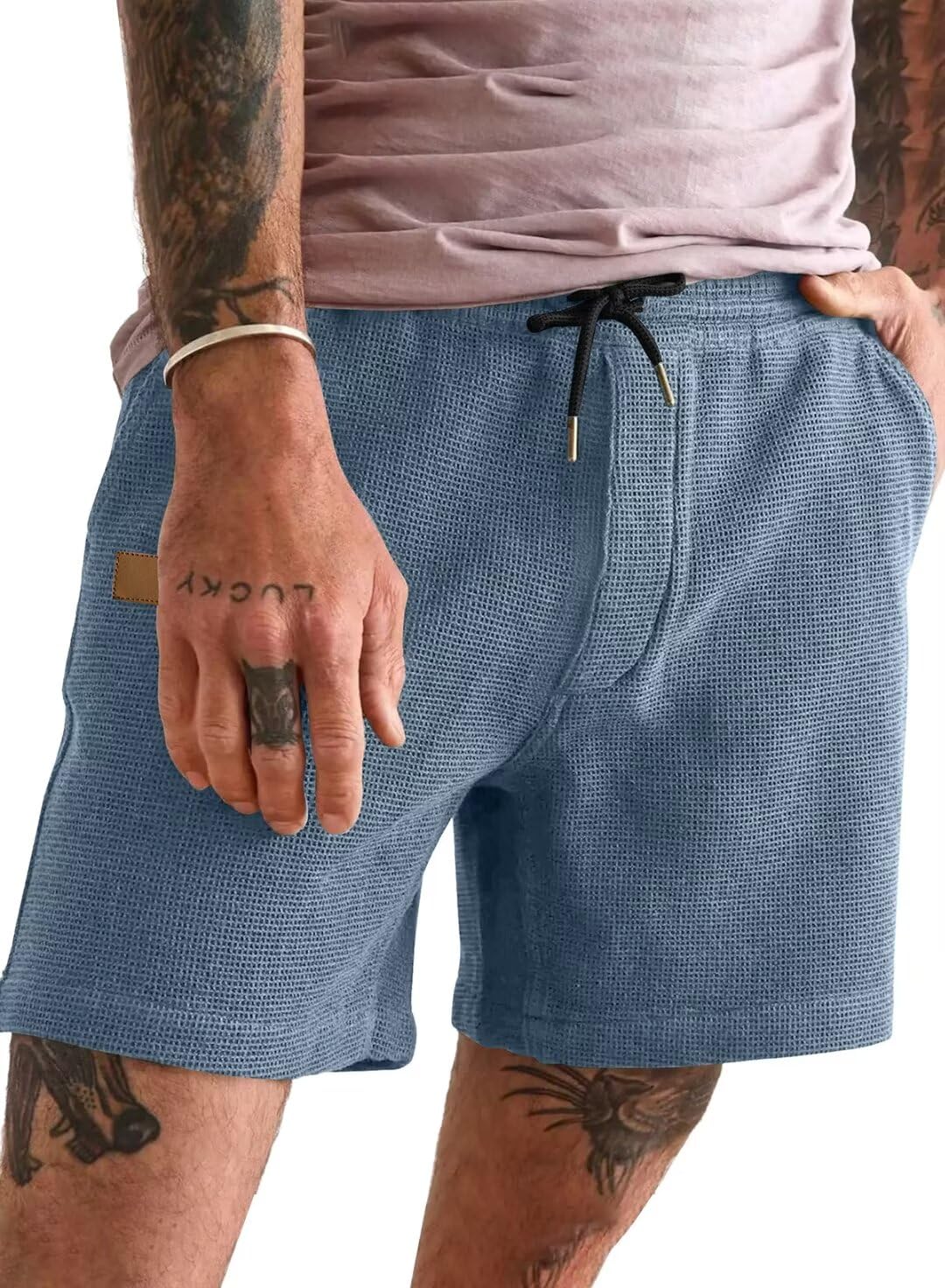 Men's Casual Waffle Shorts with Elastic Waist & Drawstring - 7