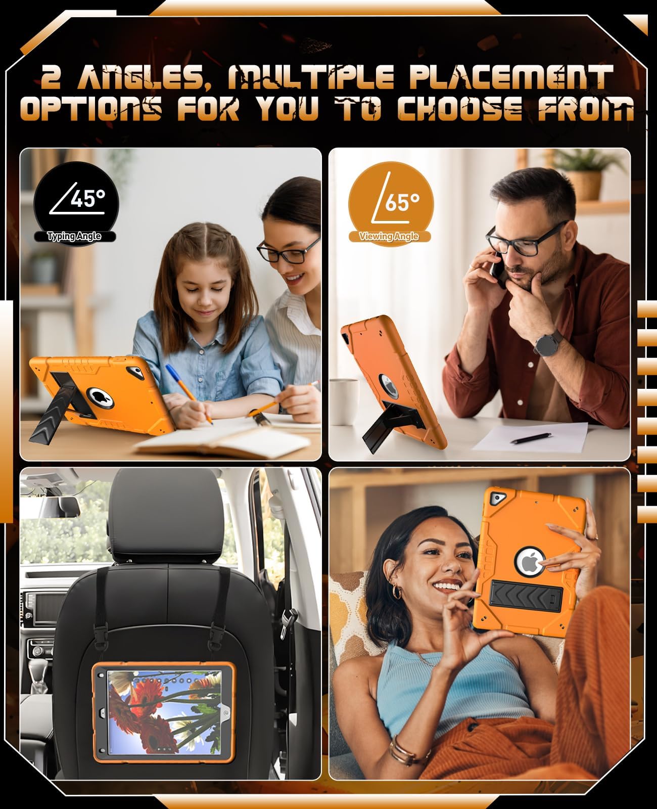 KepaiTok Shockproof iPad Case for iPad 6th/5th Generation (2018/2017) 9.7 inch - 2-in-1 Heavy Duty Protective Cover with Kickstand & 2 Adjustable Viewing Angles - Perfect for Kids, School & Travel (Orange+Black)