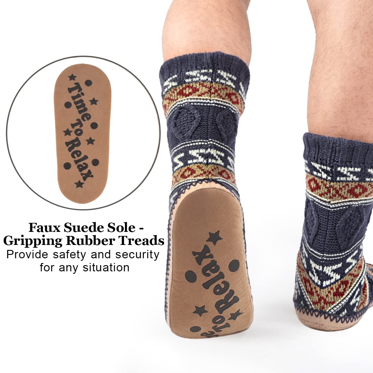 Men's Warm Winter Cable Knit Slipper Socks - Non-Skid Cozy Indoor Socks with Fluffy Sherpa Lining for Home, Lounge & Cold Weather Comfort