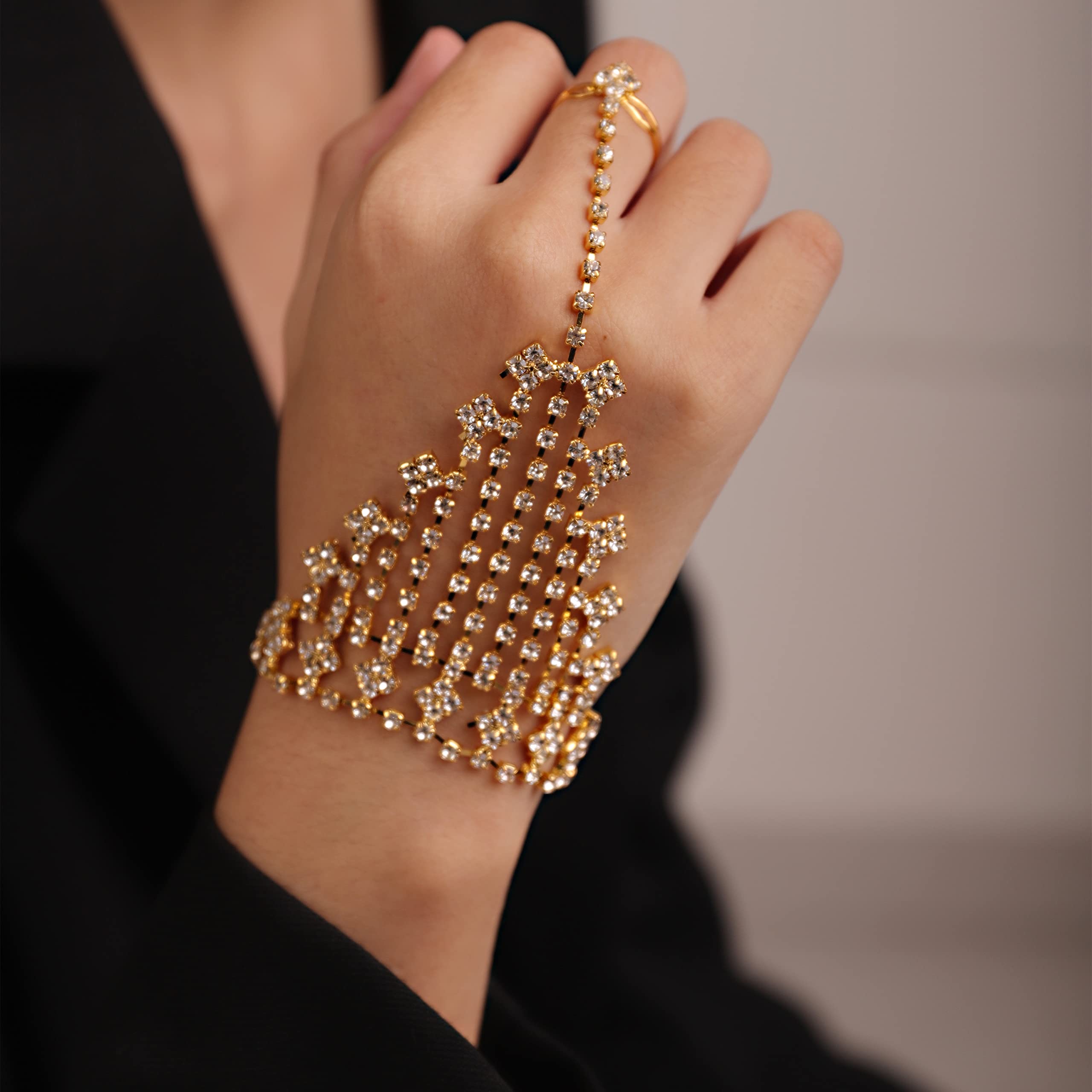 Elegant Sparkly Rhinestone Bridal Slave Chain Link Bracelet - Silver & Gold Crystal Wedding Hand Harness Bangle with Adjustable Finger Rings - Women's Jewelry Accessories for Bridal Party, Prom, Evening Gala & Special Occasions (Style 6)