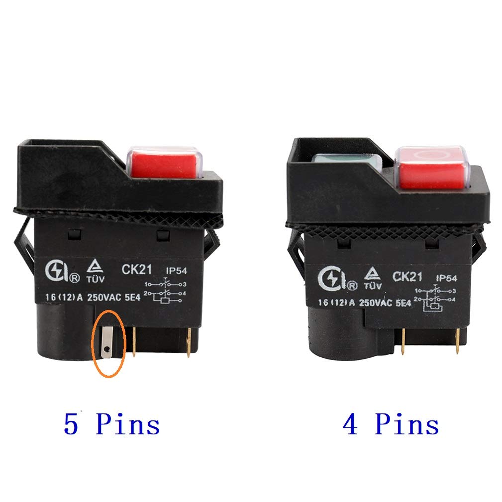 CK21 250V 16A 4Pin/5Pin Waterproof Electromagnetic Safety Pushbutton Switch - Black (5 Pins) for Metal Cutter, Grinder Machine & Shutter | Industrial Equipment, Power Tools & Safety Control Applications