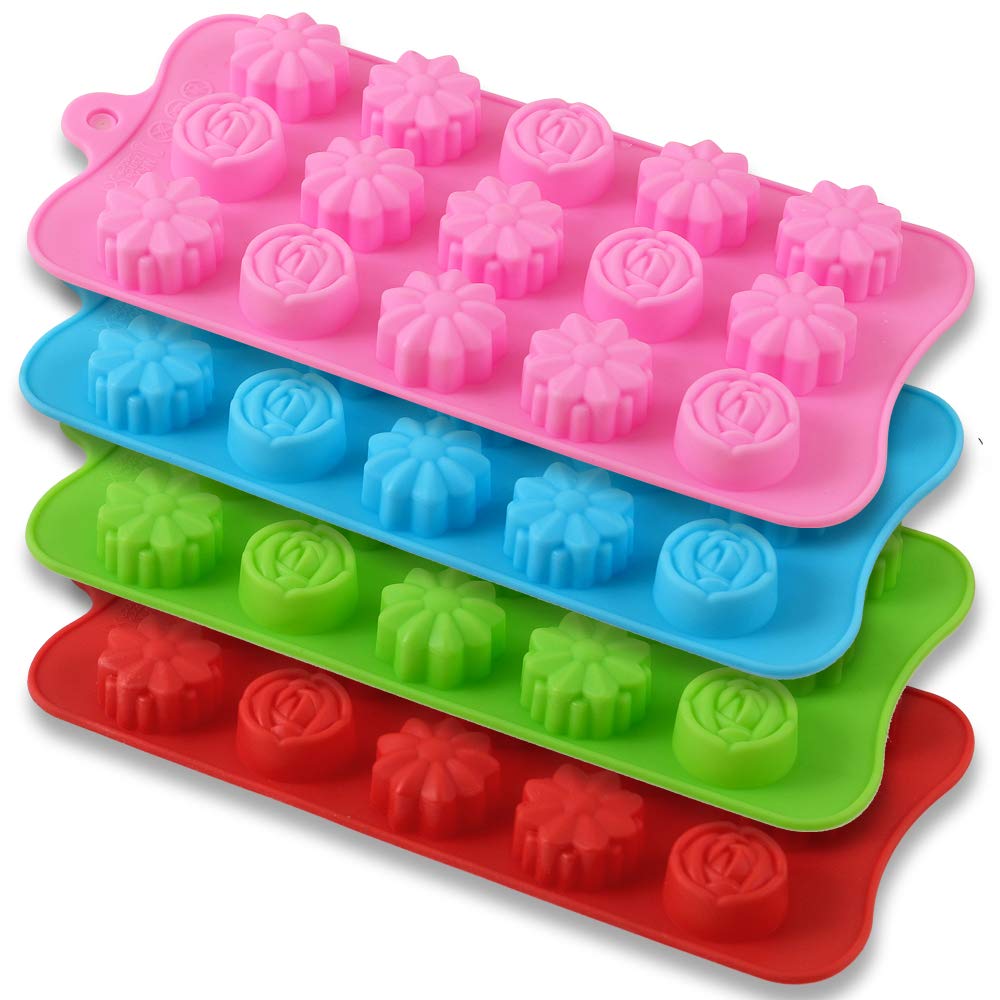 Premium 4-Pack Flower Shaped Silicone Molds - 15 Cavity Non-Stick Food Grade Baking Molds for Chocolate, Candy, Ice Cubes, Jelly, Soap & Bath Bombs - Perfect for DIY Crafts, Home Baking & Party Decorations