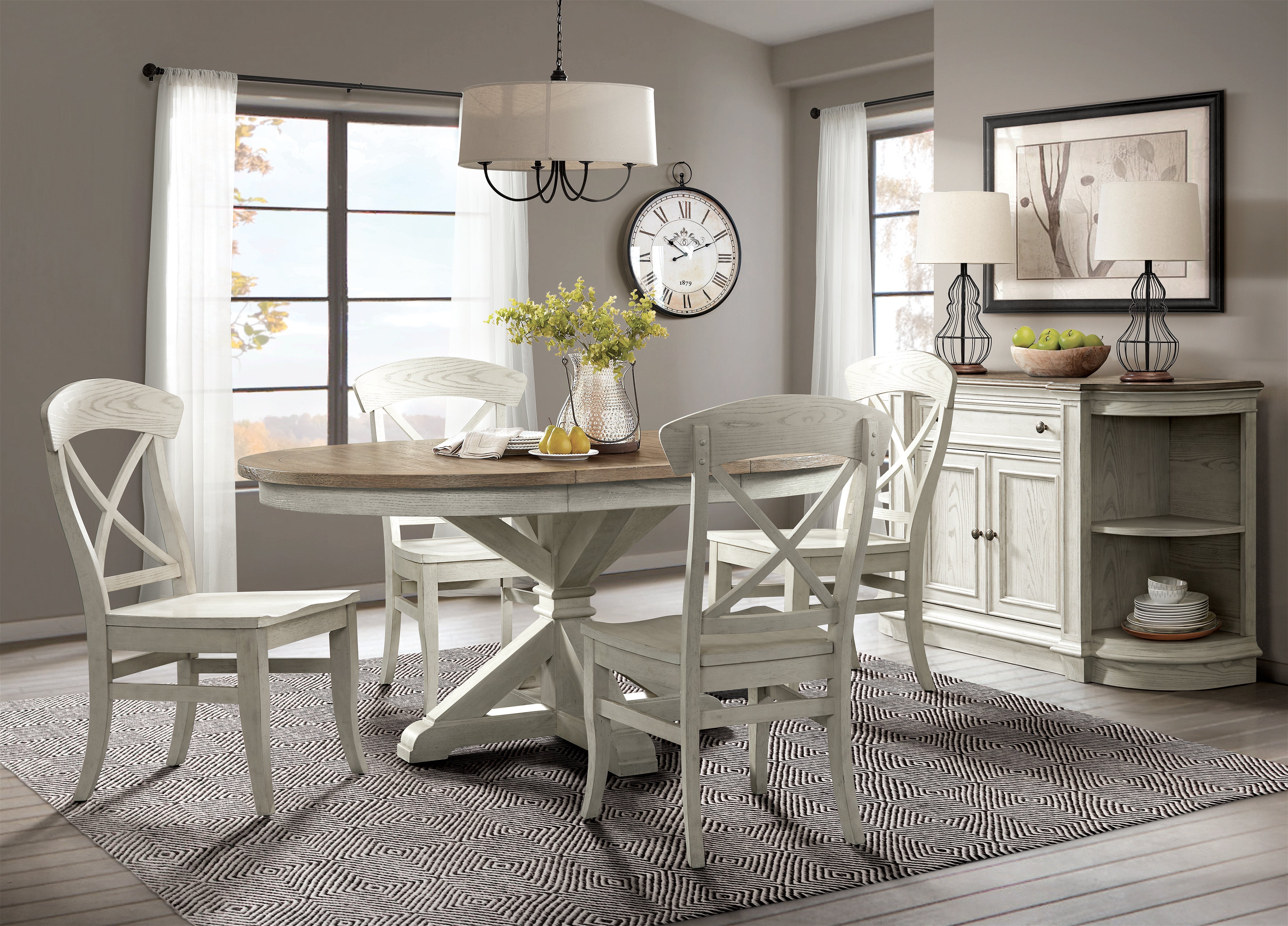 Roundhill Furniture Harola 5-Piece Dining Set with 18-Inch Leaf Extension - Round Pedestal Table & 4 Side Chairs for Kitchen, Dining Room, Breakfast Nook & Small Spaces