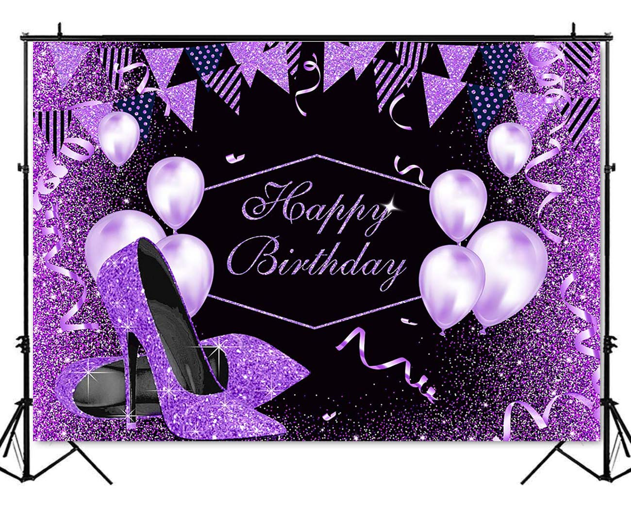 Purple Birthday Backdrop for Girls & Women - High Heels Happy Birthday Party Decoration with Black Rose Gold Glitter Balloons - 10x7ft (120x84 inch) Photography Background - Perfect for Birthday Parties, Baby Showers & Photo Shoots