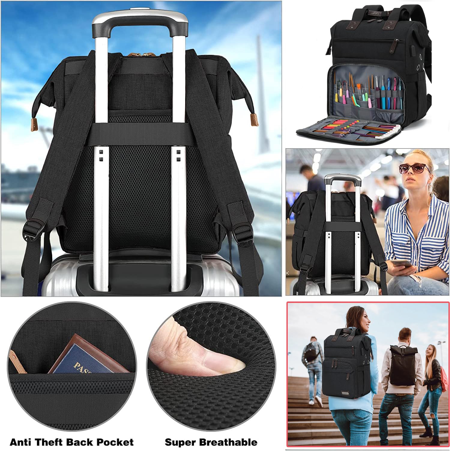 Crochet Backpack with USB Port - Yarn Storage Organizer for Travel & Knitting