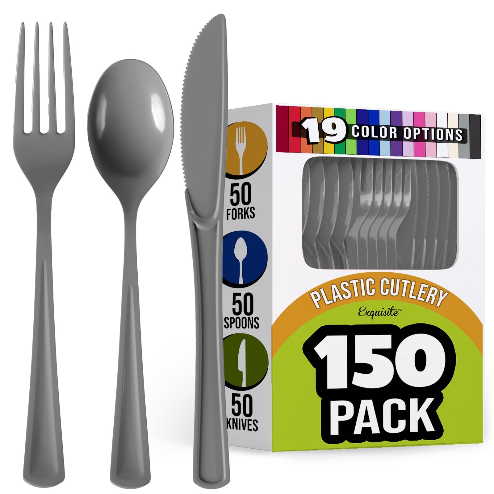 Premium 150-Piece Heavy Duty Silver Plastic Cutlery Set - 50 Forks, 50 Knives & 50 Spoons - Disposable Flatware for Parties, Picnics, Catering & Events - Durable Plastic Silverware for Elegant Dining