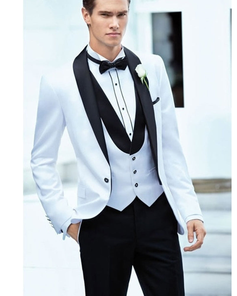 White & Black Men's Wedding Shawl Collar Tuxedo Suit 3-Piece Set (Jacket, Pants, Vest) - Perfect for Formal Events, Prom, Groom Attire & Black Tie Occasions