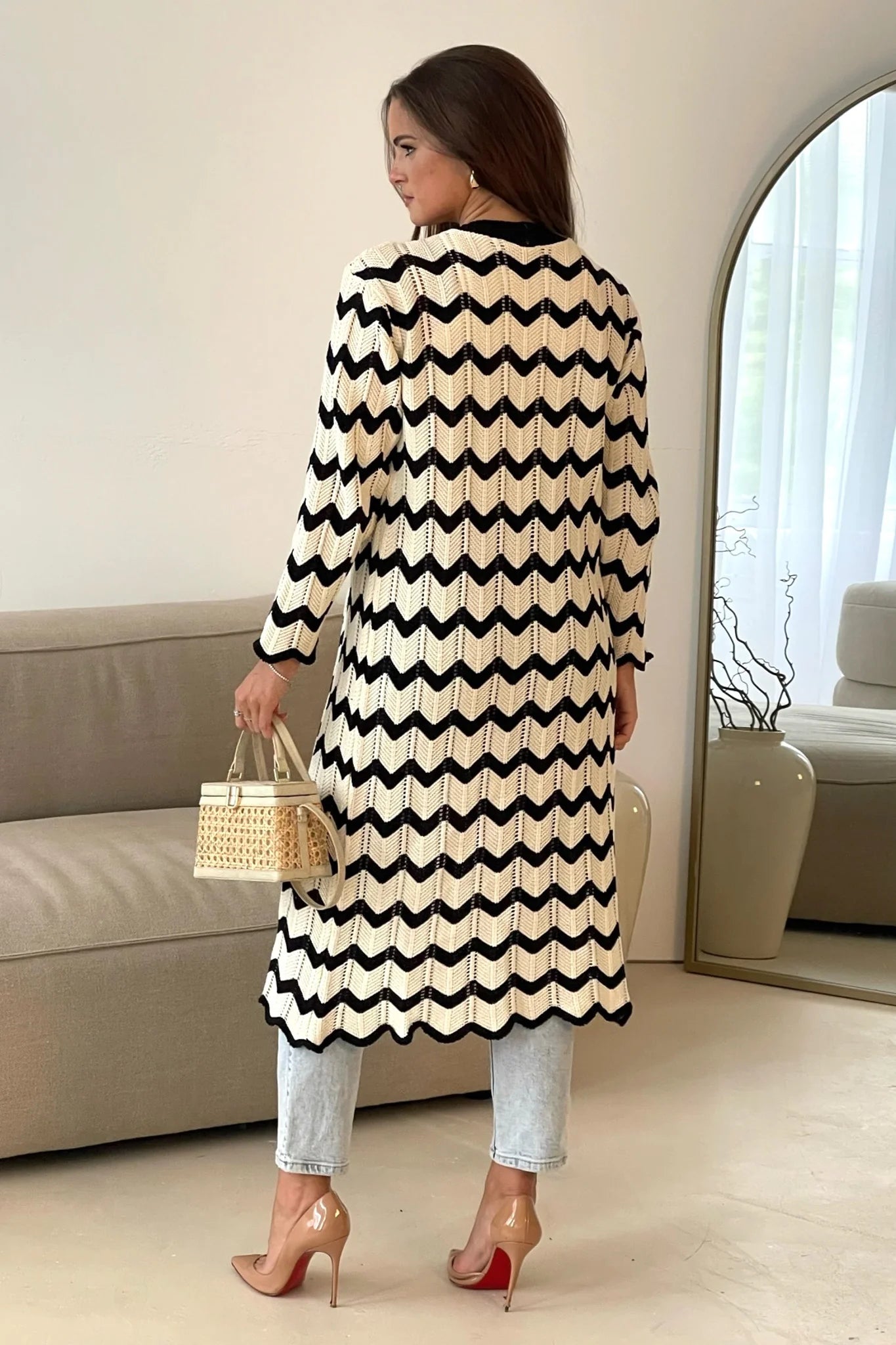 Crochet Monochrome Chevron Cardigan for Women - Black & Cream Handmade Knit Sweater | Boho Chic Lace-Up Cardigan for Fall, Winter, Date Night & Casual Outfits