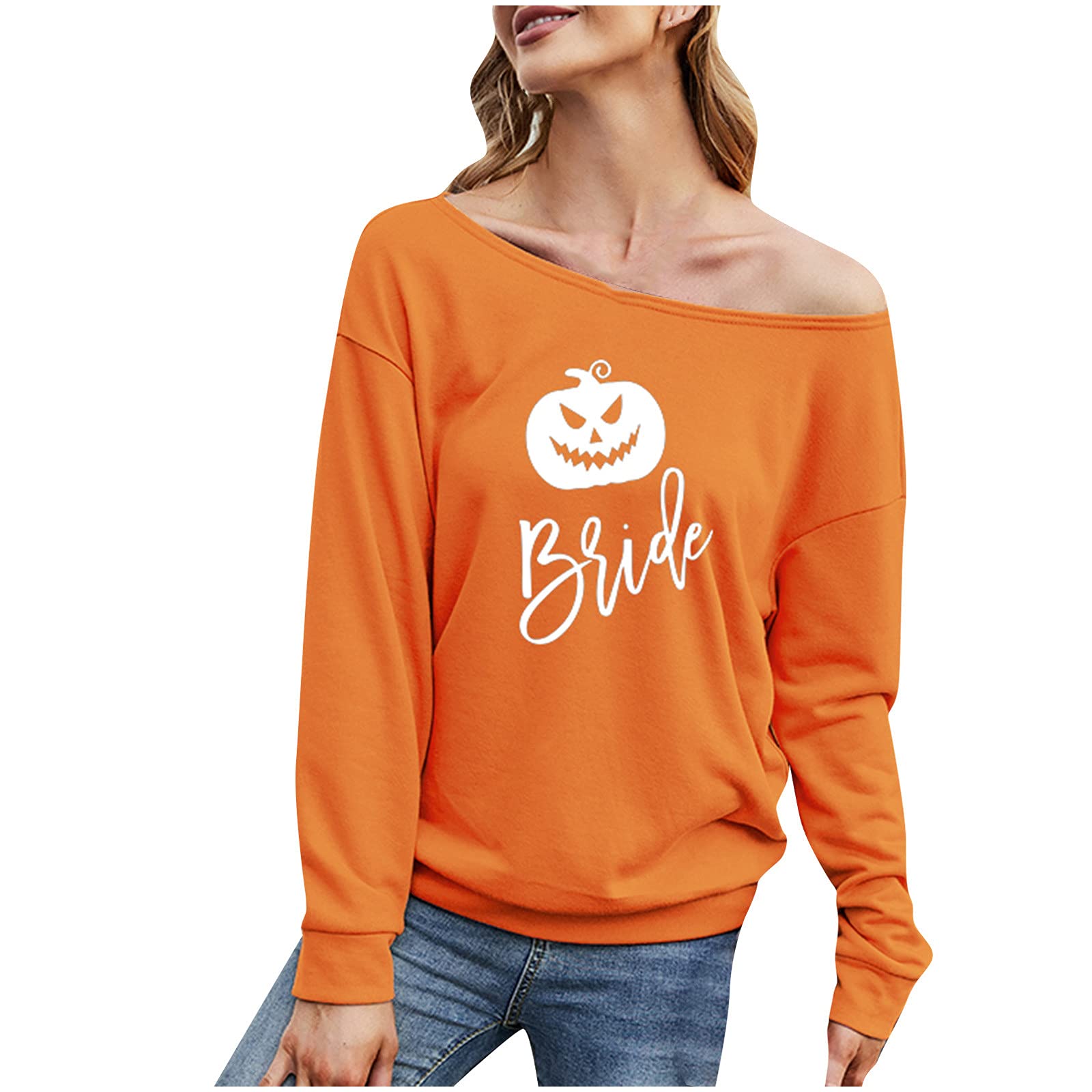 Plus Size Halloween Shirts for Women - Sexy Pumpkin Print Long Sleeve One Shoulder Graphic T-Shirt Blouse | Fall Party Costume & Casual Outfit