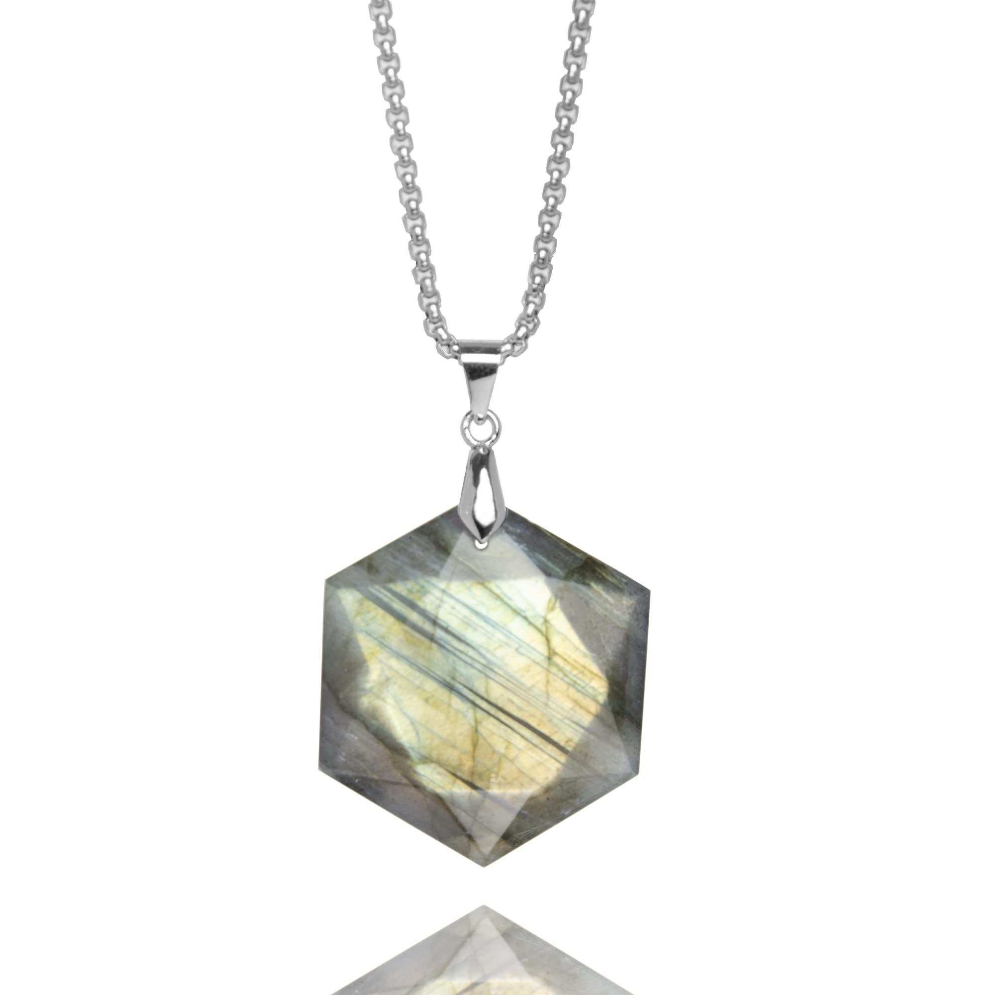 Natural Labradorite Hexagon Pendant Necklace - Healing Crystal Energy Jewelry for Men & Women | Spiritual Protection, Meditation & Everyday Wear