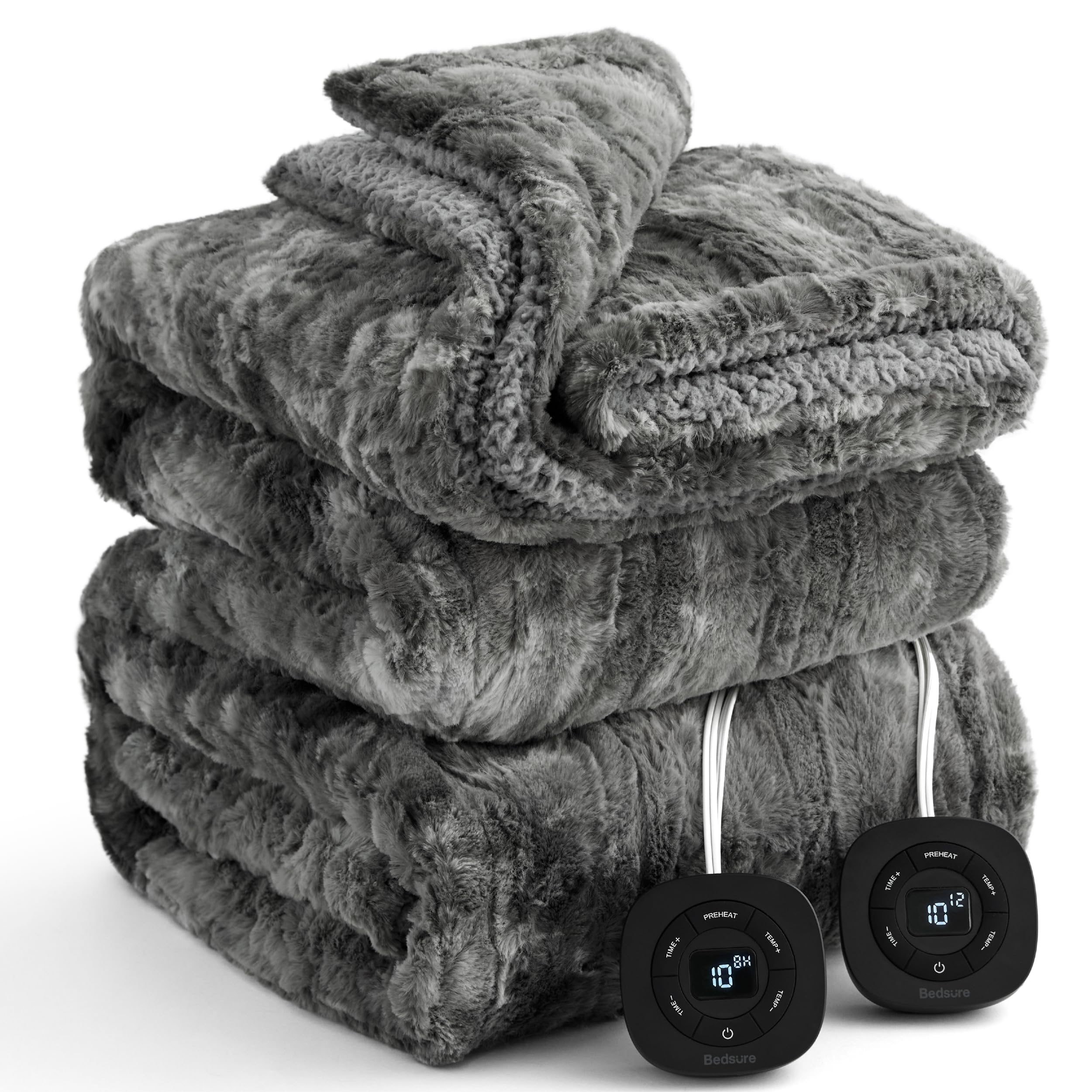 Bedsure Queen Size Electric Blanket - Faux Fur Sherpa Heated Blanket with Dual Control, 10 Heating Levels & 10 Timer Settings (84x90 inches, Grey) - Perfect for Winter Nights, Bedroom Comfort & Cozy Home Relaxation