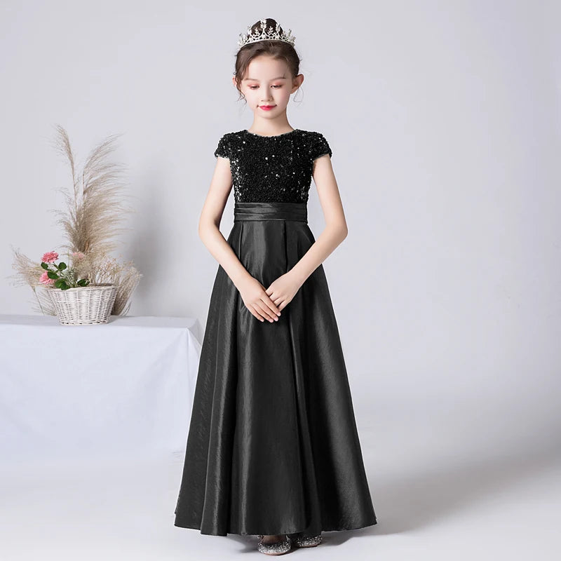 Sparkly Black Sequin Satin A-Line Princess Dress for Girls - Birthday Party, Concert, Pageant, Special Occasions | Elegant Formal Gown for Kids & Toddlers