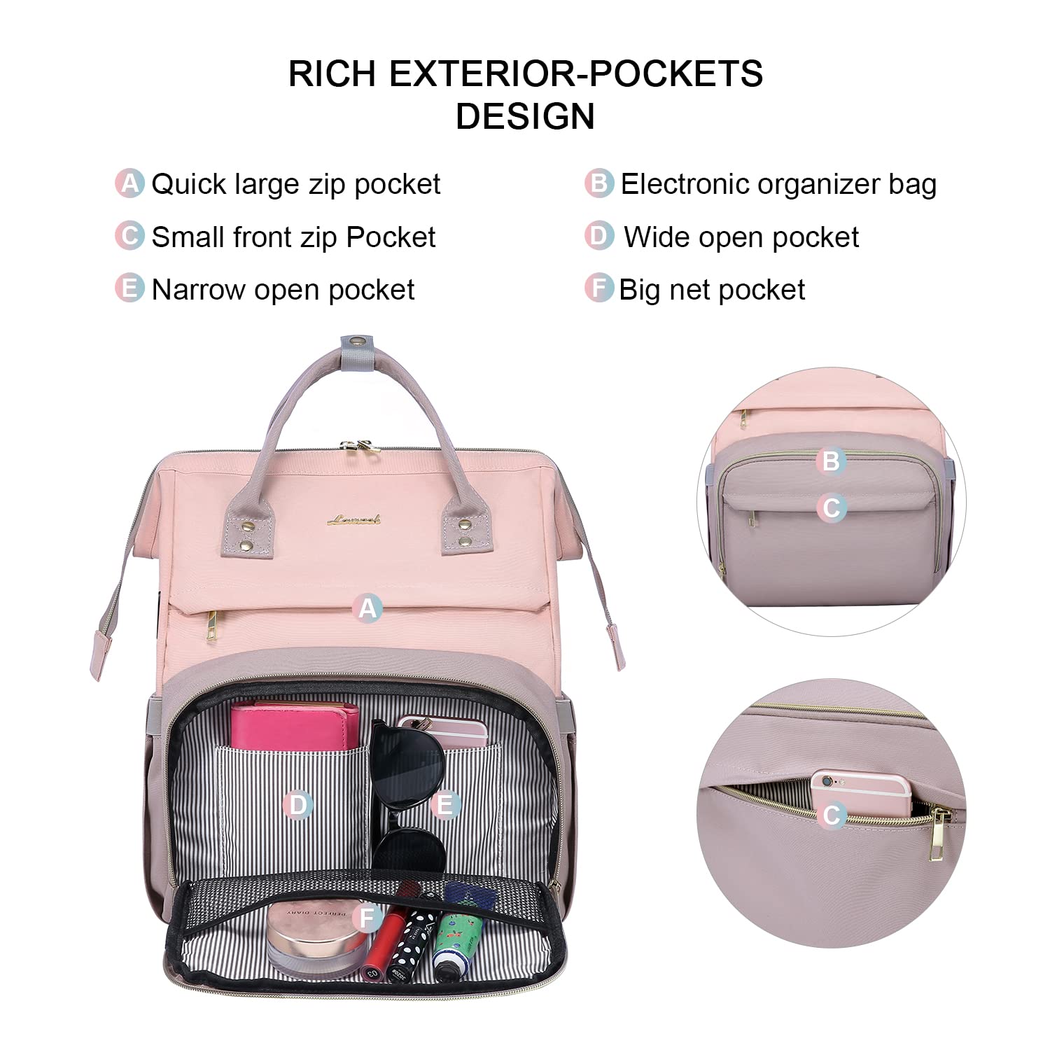 LOVEVOOK Women's Fashion Laptop Backpack with USB Port - Stylish Business Travel Bag for Work, School & Commute, Fits 15.6-Inch Laptop in Pink-Taro Purple, Perfect for Doctors, Nurses & Professionals