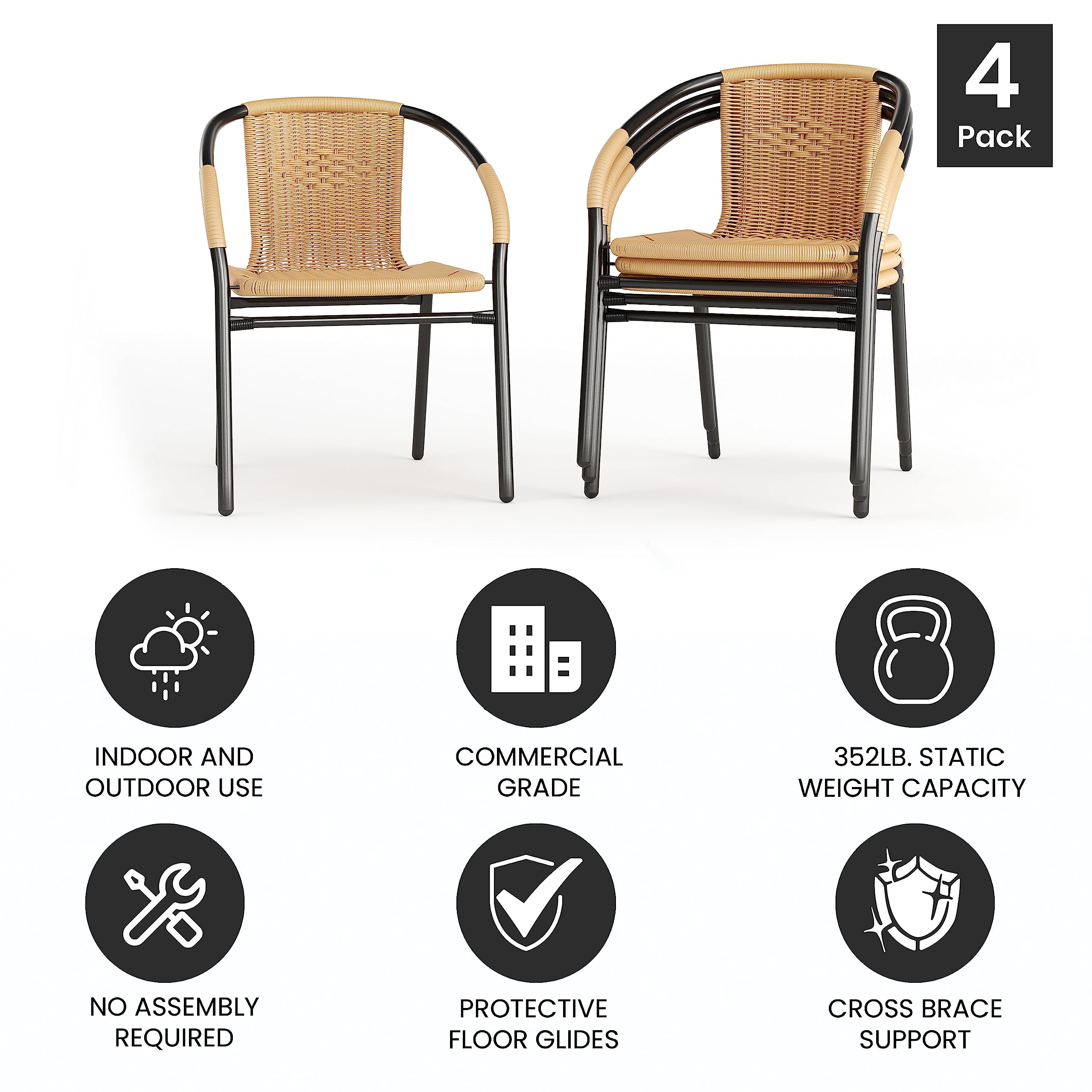 Flash Furniture Lila 4-Pack Beige Rattan Stackable Chairs for Indoor & Outdoor Use - Stylish Dining Chairs for Restaurants, Cafes, Patios & Home Decor