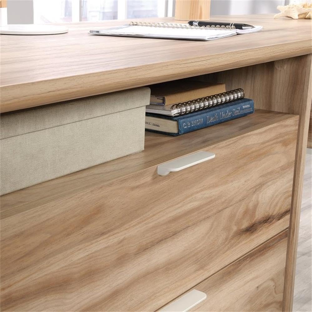Pemberly Row Engineered Wood L-Shape Desk in Kiln Acacia Brown - Modern Home Office Desk for Small Spaces, Gaming & Study - Sturdy Workstation with Storage Shelf