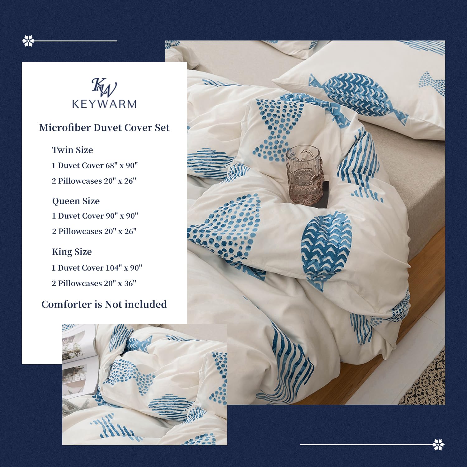 Coastal Duvet Cover Queen Set - 3 Piece Soft Lightweight Microfiber Bedding in Nautical Ocean Blue | Includes 1 Duvet Cover with Zipper Closure & 2 Pillowcases | Perfect for Beach House, Guest Room or Coastal Themed Bedroom Decor