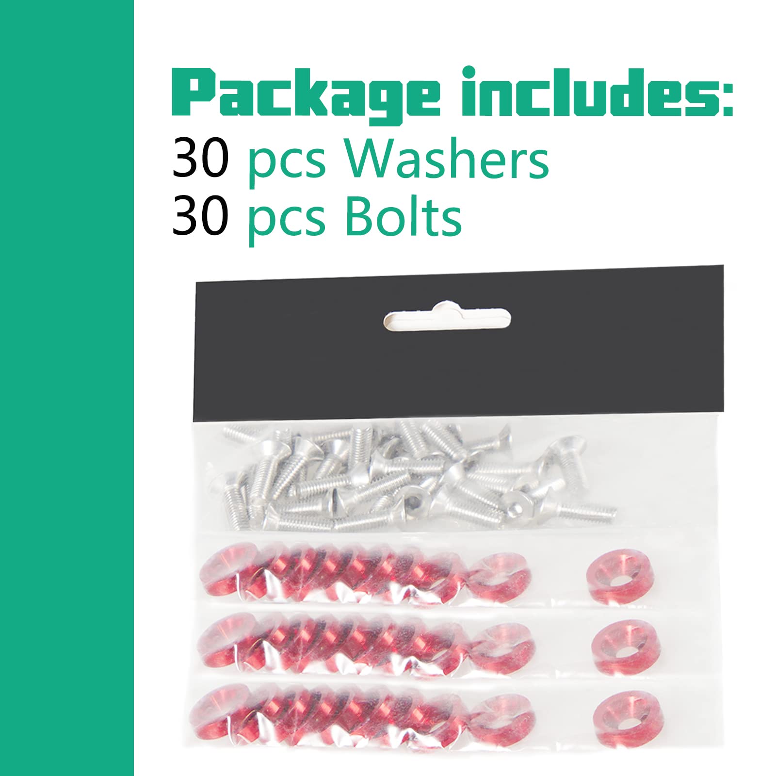 YESHMA 30Pcs M6x20mm Bumper Washers with Bolts - Red Aluminum Fastener Kit for Headlights & License Plates