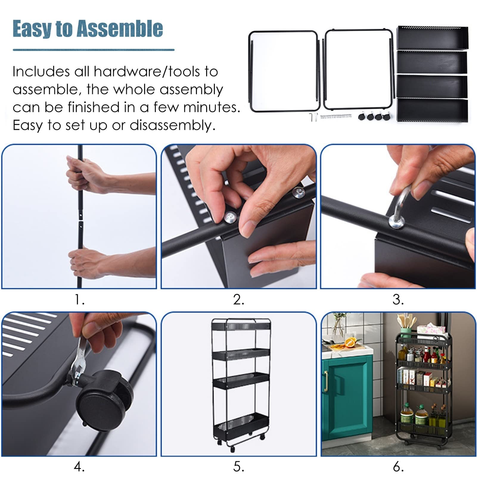 Heavy Duty Kitchen Utility Cart with Wheels, Narrow Black Standing Shelf Unit for Home Pantry & Small Spaces, Slim Rolling Storage Rack - Perfect for Compact Kitchens, Dorm Rooms & Apartment Living