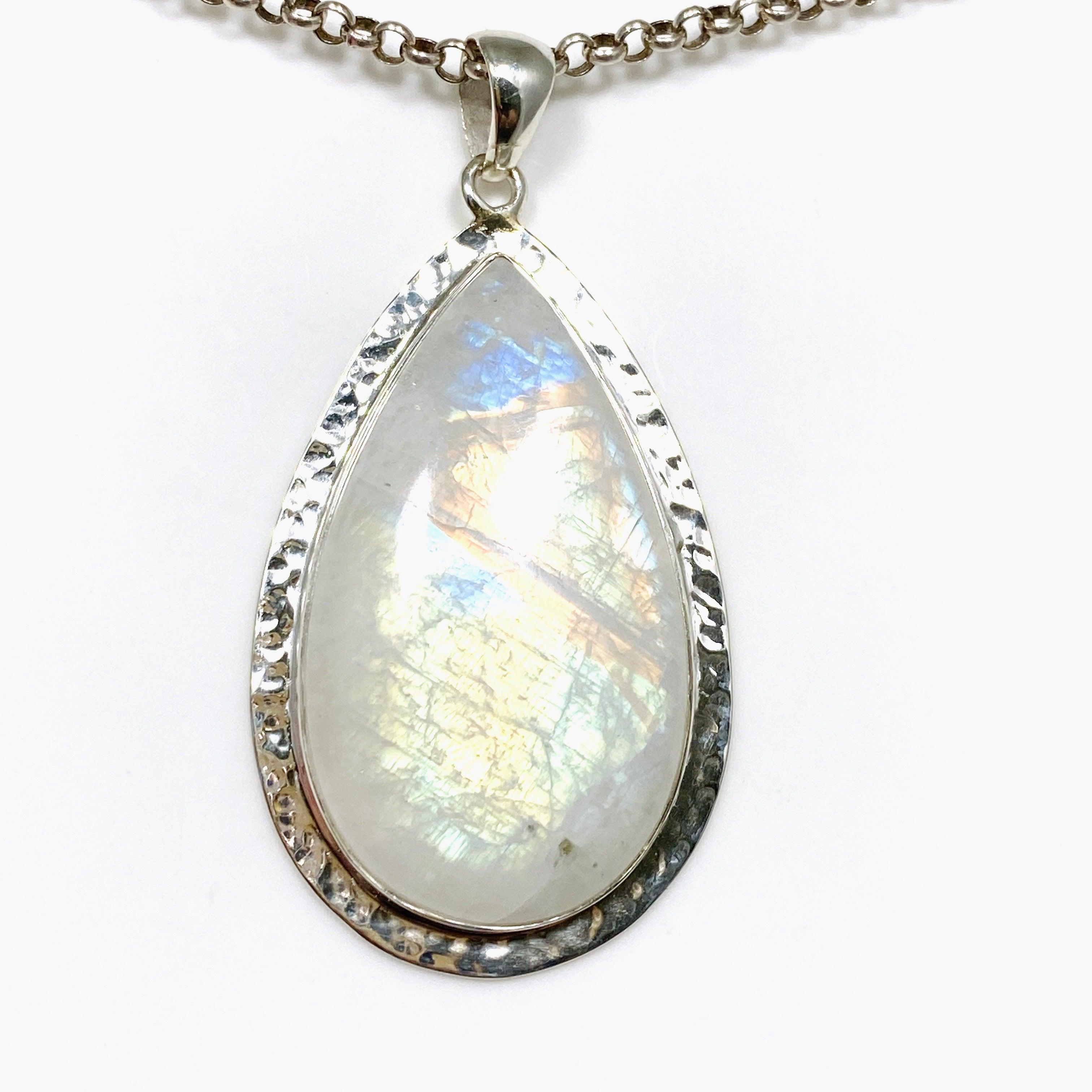 Moonstone Teardrop Pendant Necklace with Hammered Silver Detailing - Elegant Boho Jewelry for Women, Perfect for Weddings & Special Occasions | KPGJ4251