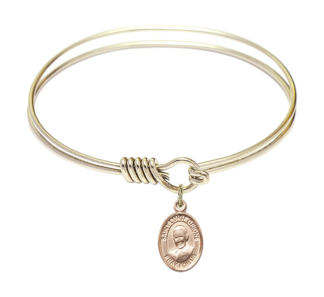 6 1/4 Inch Round Eye Hook Bangle Bracelet with St. Luigi Orione Charm - Elegant Religious Jewelry for Women, Gift for Baptism, First Communion & Confirmation