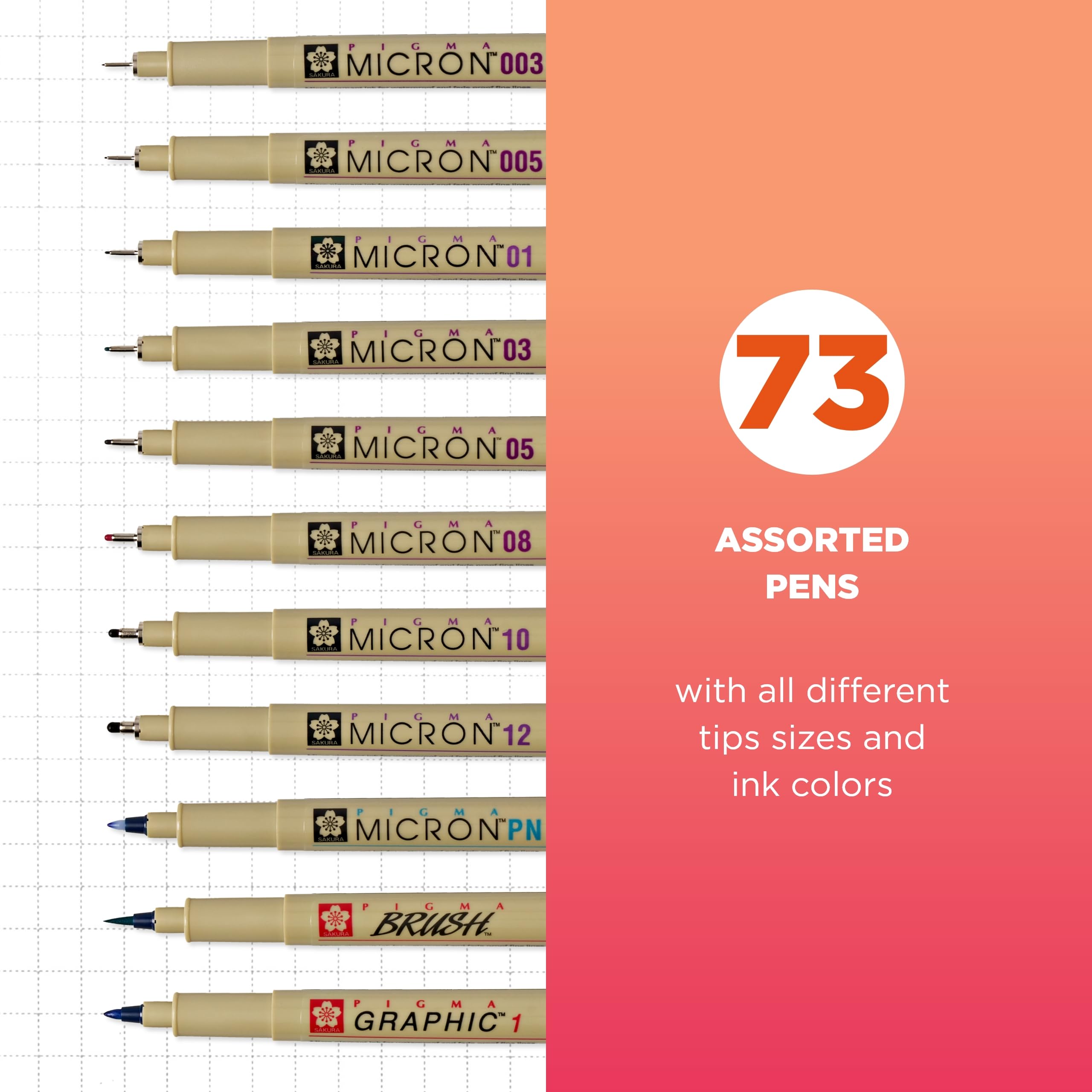 SAKURA Pigma Micron Fineliner Pens Set of 73 - Archival Quality Black & Colored Ink for Artists, Writers & Bullet Journaling - Waterproof & Fade Proof Fine Liners (0.2mm-0.8mm) with Storage Case - Perfect for Sketching, Calligraphy & Scrapbooking