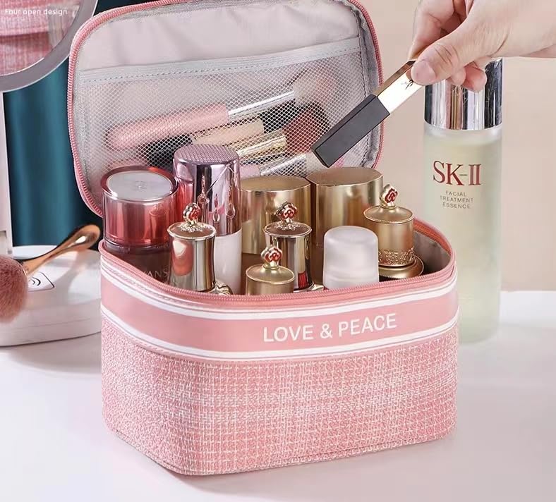 Large Makeup Bag Organizer for Women - Travel Cosmetic Case with Zipper & Handle, Spacious Pink Toiletry Bag for Makeup Brushes, Skincare Essentials - Perfect for Vacation, Gym, Work & Daily Organization