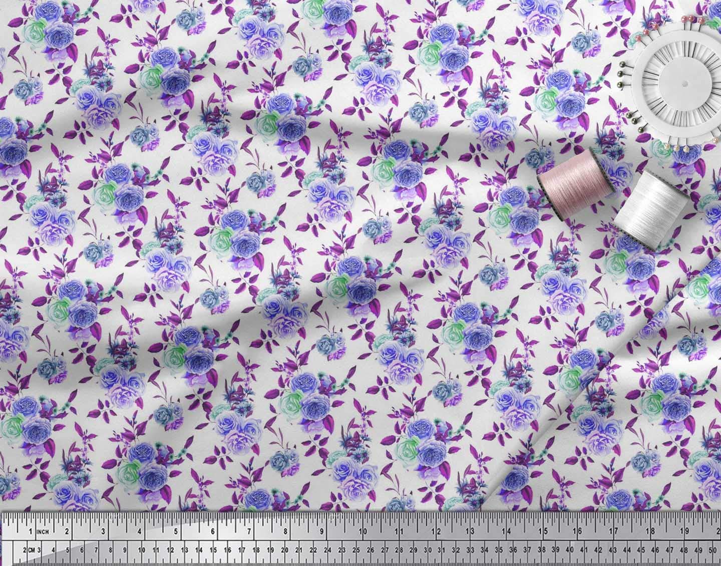 Soimoi 100% Cotton Canvas Fabric by The Yard - 42 Inch Wide - Purple Printed Floral Pattern with Roses, Leaves & Denmark Rose Flowers - Perfect for DIY Crafts, Home Decor, Sewing Projects, Upholstery & Quilting