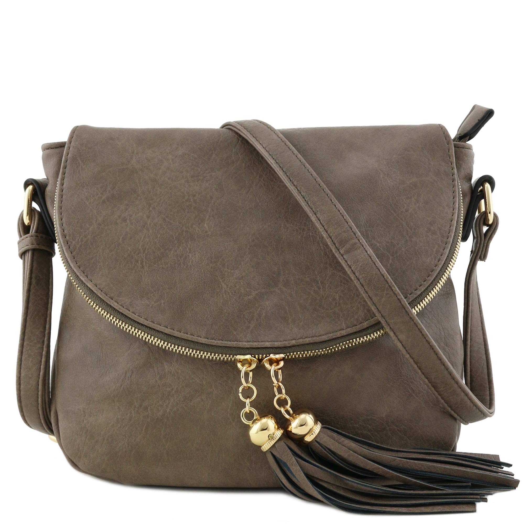 Stylish Tassel Accent Crossbody Bag with Flap Top in Taupe - Perfect for Everyday Use, Travel & Casual Outings