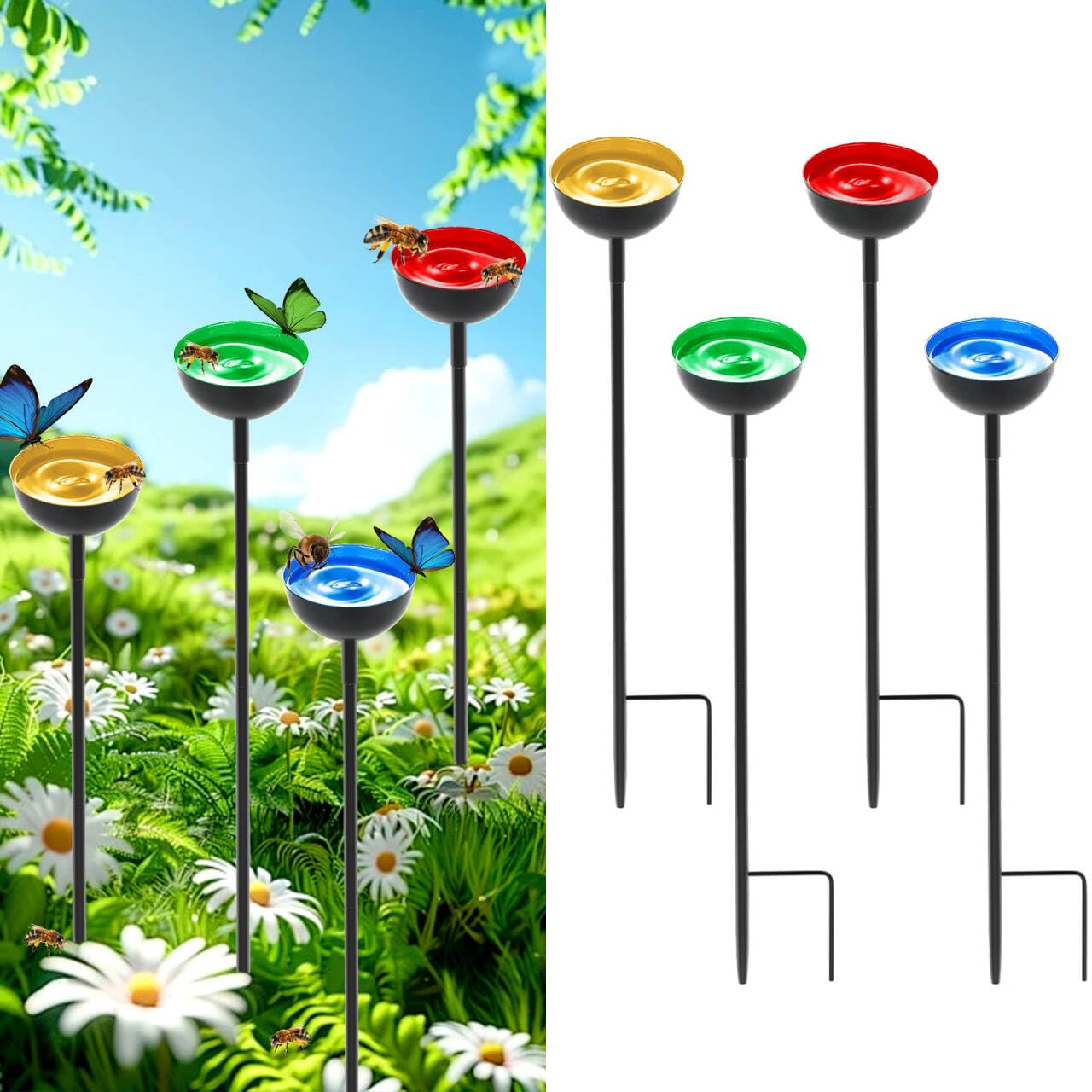 4-Pack Bee Watering Cups - Colorful Butterfly & Bee Bath for Garden Pollinators, Durable Metal Water Station Stakes - Perfect for Outdoor Gardens, Backyards & Pollinator-Friendly Landscapes