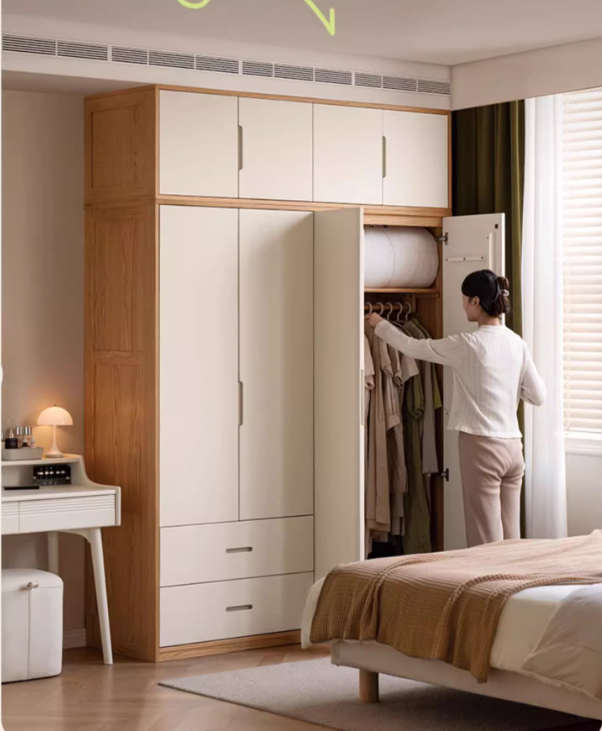 Oak Solid Wood Log Cream Style Wardrobe - Rustic Bedroom & Living Room Storage Furniture for Home Organization