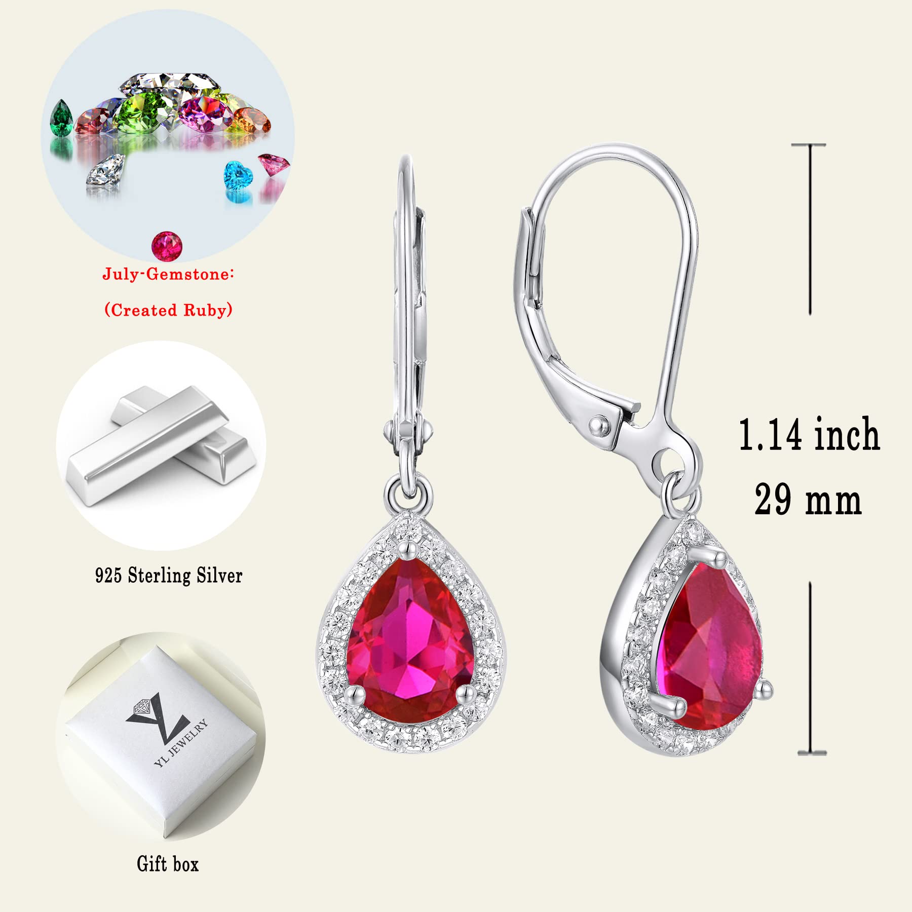 YL Halo Teardrop Dangle Drop Earrings - 925 Sterling Silver Birthstone Leverback Jewelry for Women | Elegant Gift for Birthday, Anniversary & Special Occasions