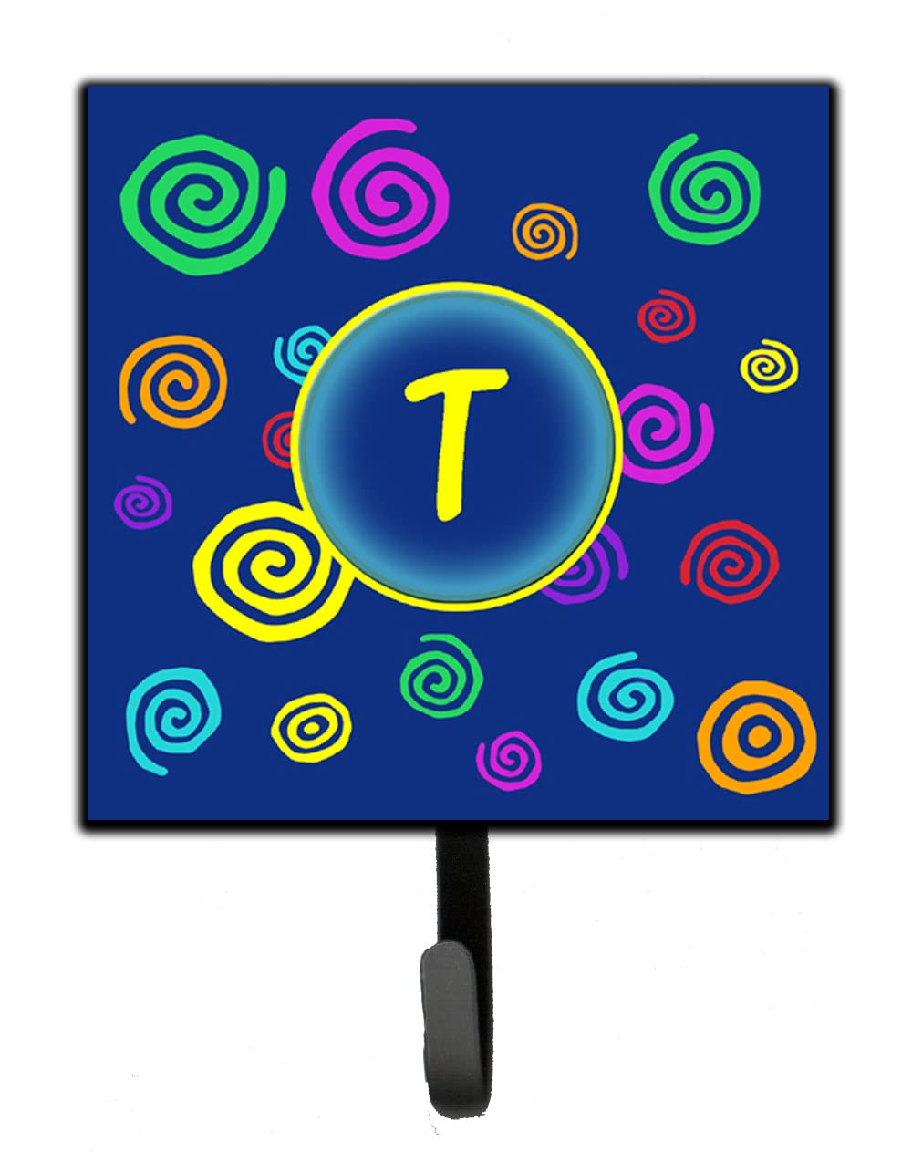 Letter T Initial Monogram Key Hook & Leash Holder - Blue Swirls Design for Home Entryway, Small Multicolor Wall Organizer | Perfect for Keys, Dog Leashes & Entryway Decor