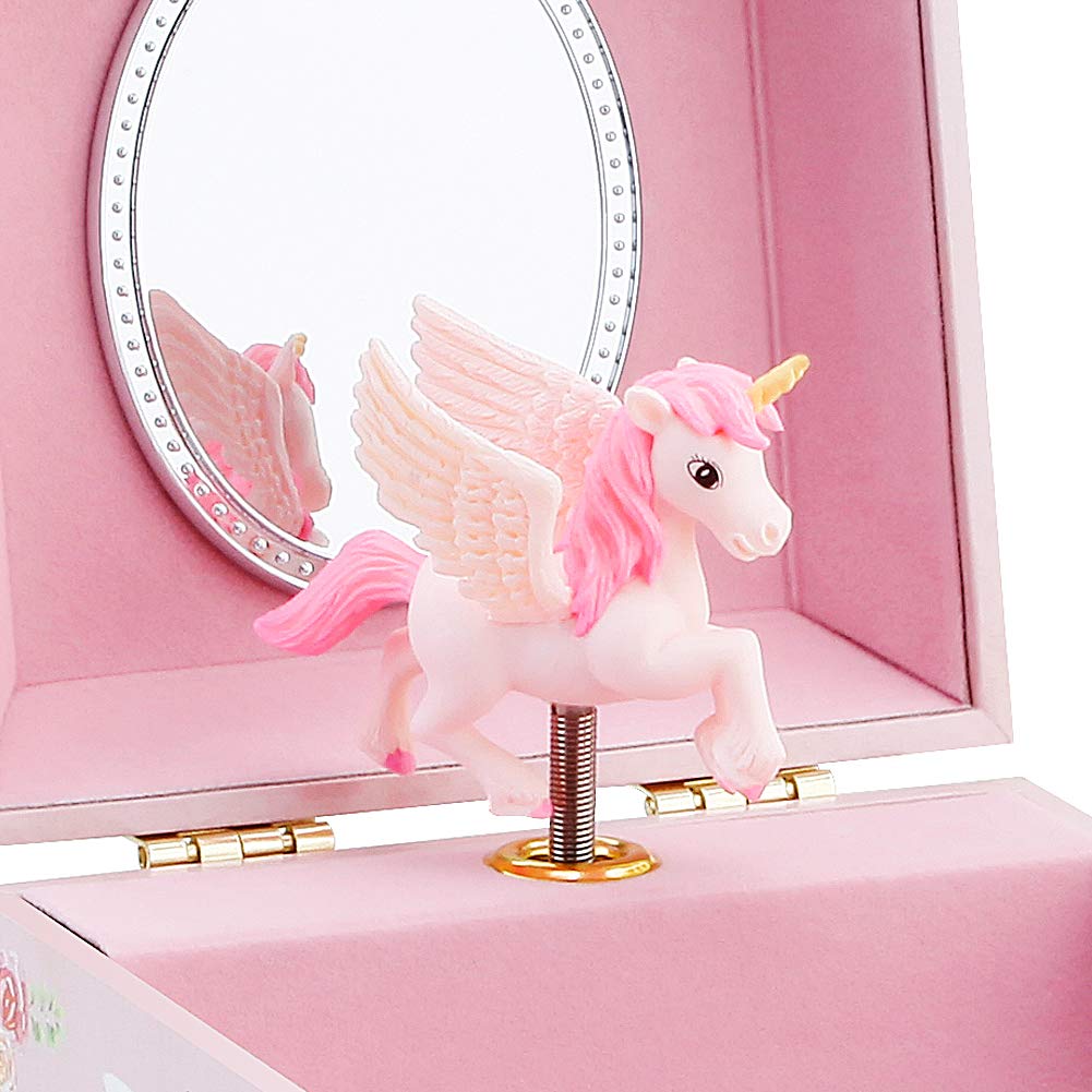 RR ROUND RICH DESIGN Unicorn Musical Jewelry Box for Girls - Pink Jewelry Storage with Drawer & Jewelry Set, Plays 'Over the Waves' Melody - Perfect Gift for Birthdays, Christmas & Room Decor
