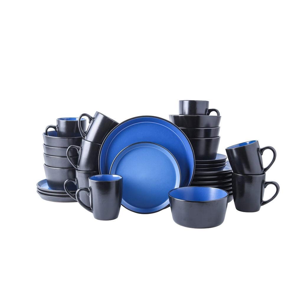 32-Piece Round Blue & Black Stoneware Dinnerware Set - Premium Heavy-Duty Material, 100% Dishwasher & Microwave Safe, Artfully Designed Plates, Bowls & Cups | Perfect for Everyday Dining, Dinner Parties & Restaurant Use