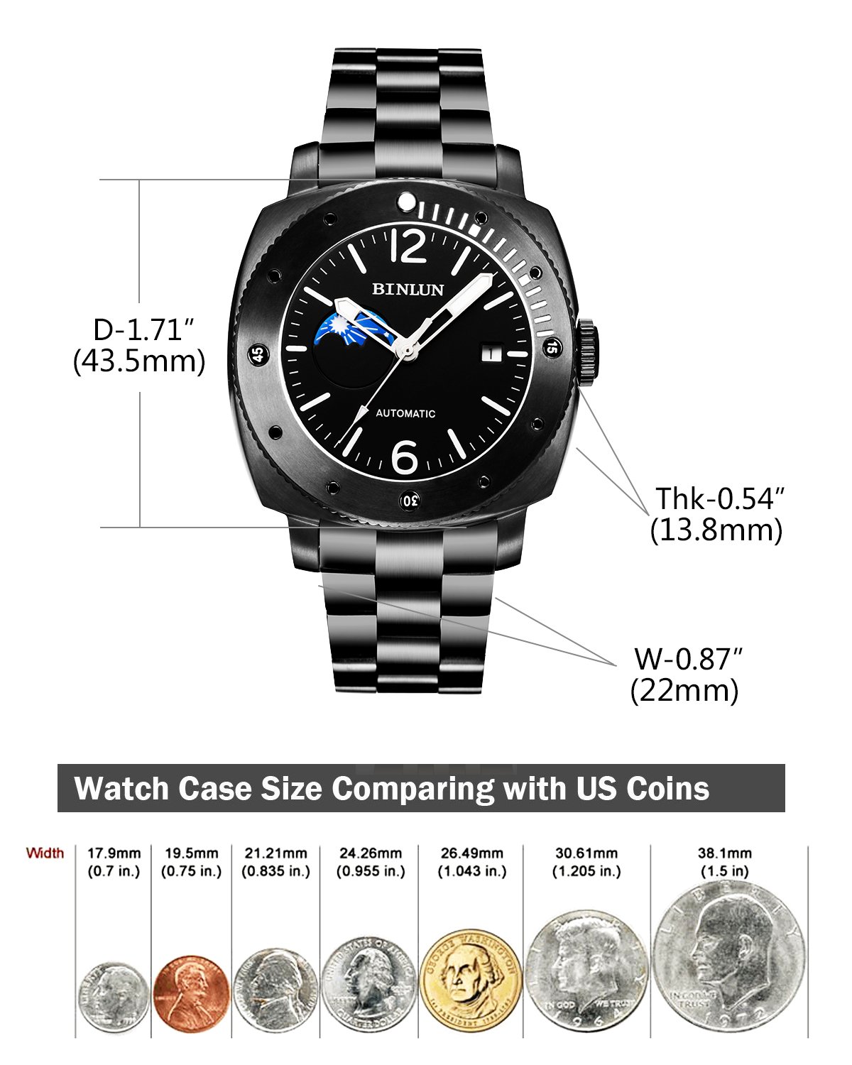 BINLUN Men's Automatic Mechanical Watch - Waterproof Stainless Steel Dress Watch with Date Display - Perfect Gift for Him, Family & Friends - Ideal for Business, Formal Events & Daily Wear