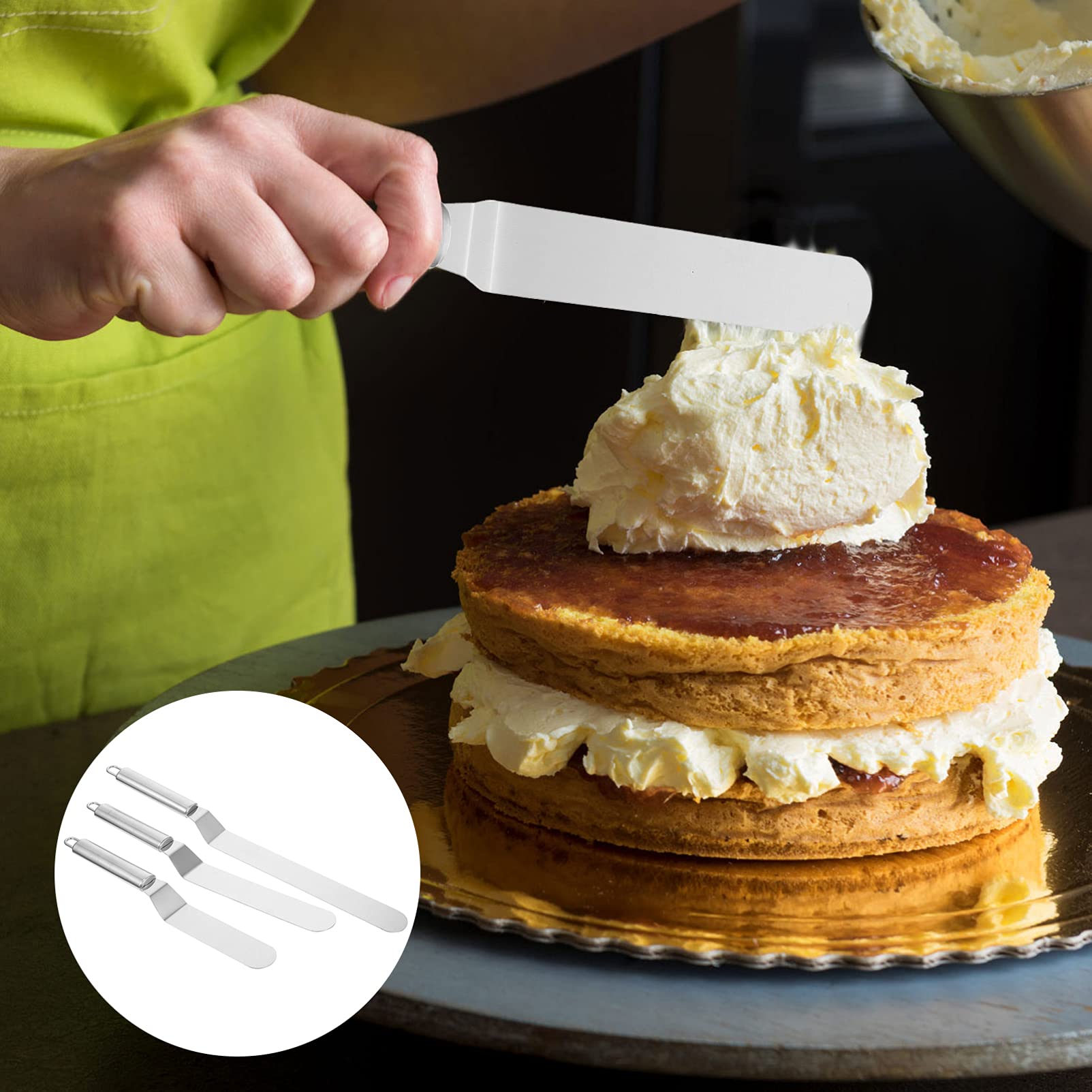 HEMOTON 3-Piece Stainless Steel Cake Spatula Set - Professional Buttercream & Frosting Spatulas with Side Smoother for Baking, Cake Decorating, Cupcakes & Fudge | Mini Icing Spatula for Perfect Smoothing & Spreading