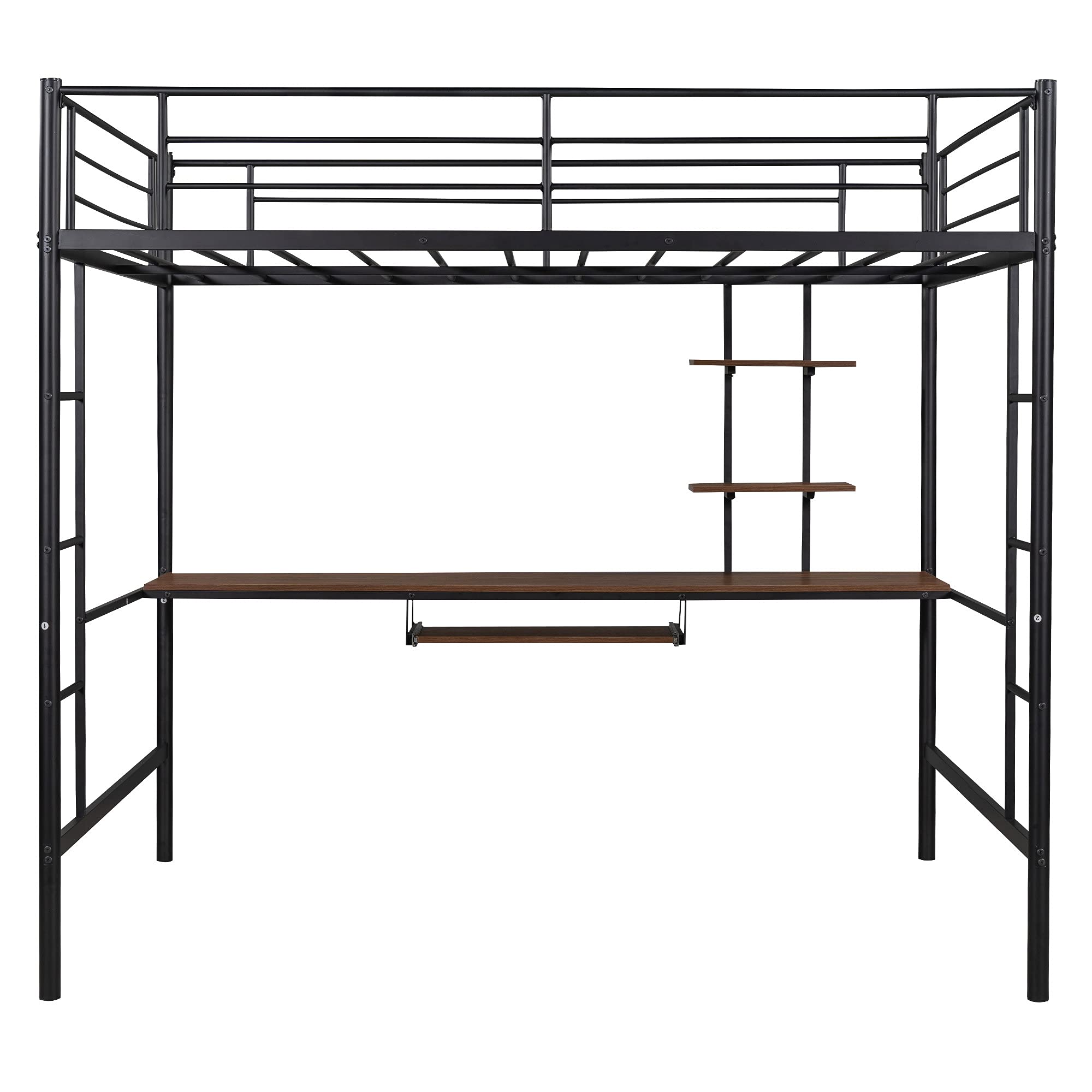 **Full Size Loft Bed with Desk & 2 Shelves - Sturdy Metal Frame, Safety Guardrails & Dual Ladders - Perfect for Kids, Teens & Small Spaces - No Box Spring Needed (Black)**    *(Great for dorm rooms, studio apartments, or kids' bedrooms - Saves space with built-in study desk and storage!)*