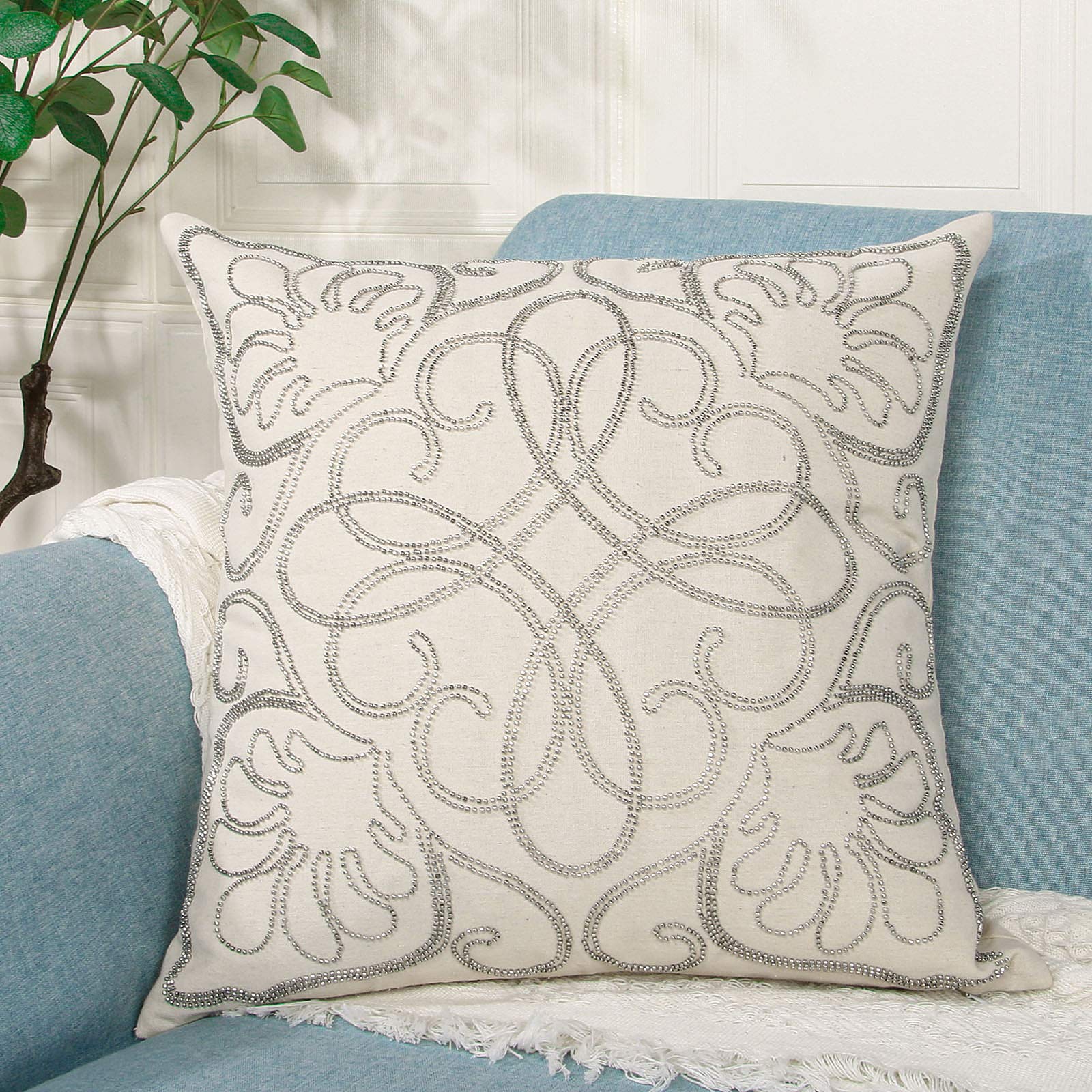 Mingfuxin 18x18 Inch Beaded Decorative Throw Pillow Covers - Square Bohemian Style Cushion Covers for Sofa, Bed, Living Room & Outdoor Furniture - Perfect for Home Decor, Cozy Reading Nook and Patio Relaxation